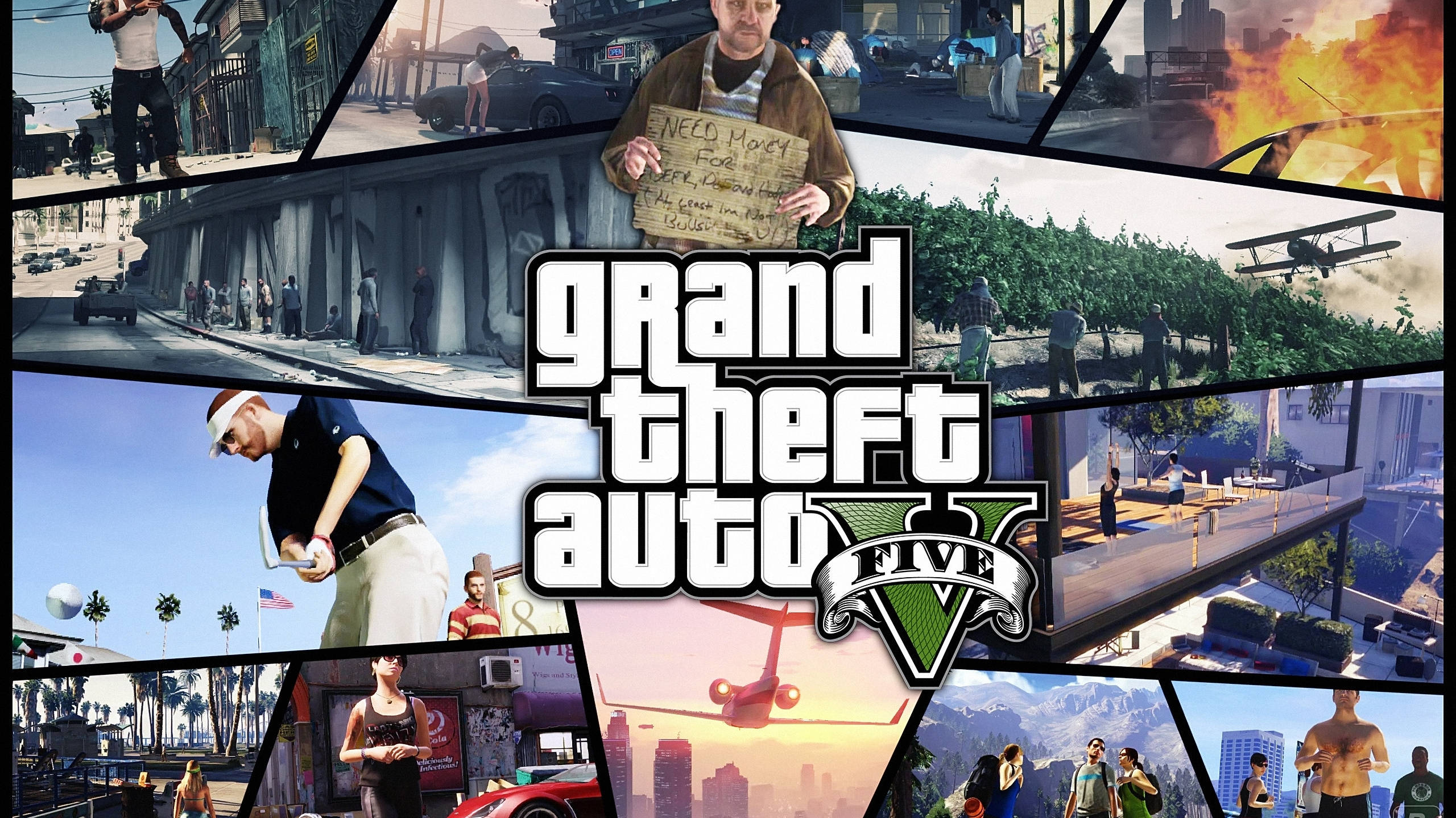 遊戲 桌布 壁紙 — 一幅《Grand Theft Auto V》場景拼貼畫，展示角色在都市環境中，伴隨汽車、飛機和戲劇性的動作時刻。