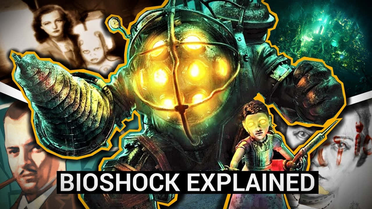 Bioshock Characters 桌布 壁紙 — 一幅《生化奇兵》角色與場景的拼貼畫，包含發光眼睛的Big Daddy、Little Sisters以及陰森面孔，背景為深綠色。