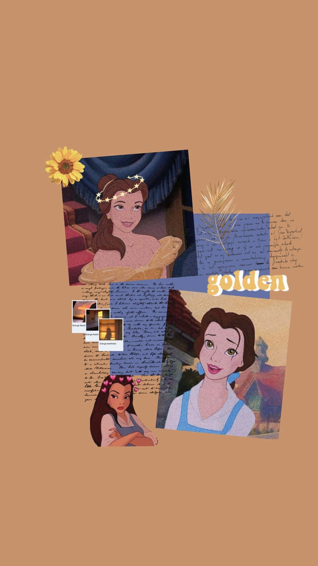 Aesthetic Disney 桌布 壁紙 — 一幅《美女與野獸》中貝兒的拼貼畫，以各種姿勢呈現在溫暖的米色背景上，並帶有向日葵和手寫文字點綴。