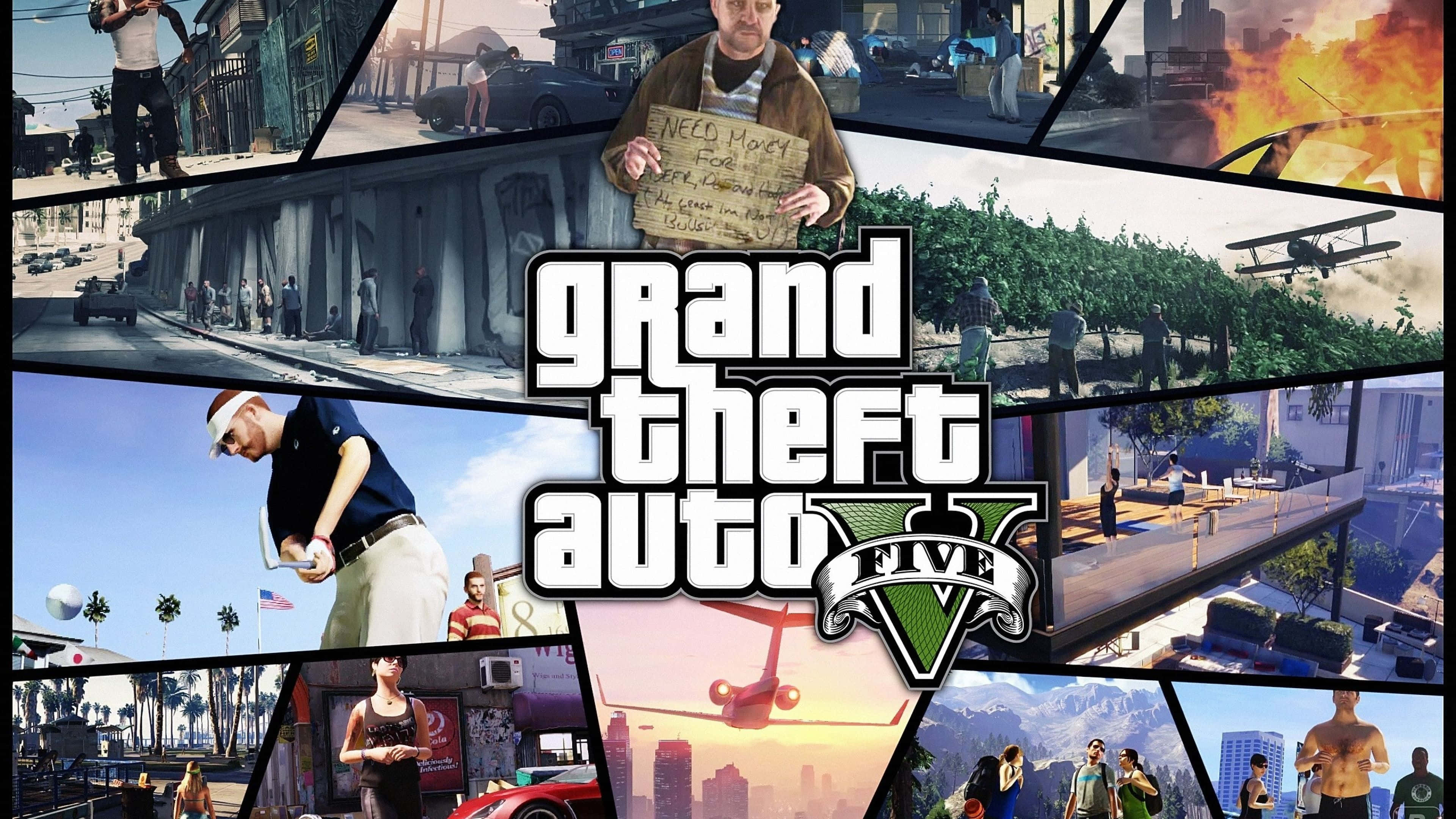 Gta V 4K 桌布 壁紙 — 一幅Grand Theft Auto V場景拼貼畫，展示角色在都市環境中，伴有汽車、火焰和高爾夫時刻。