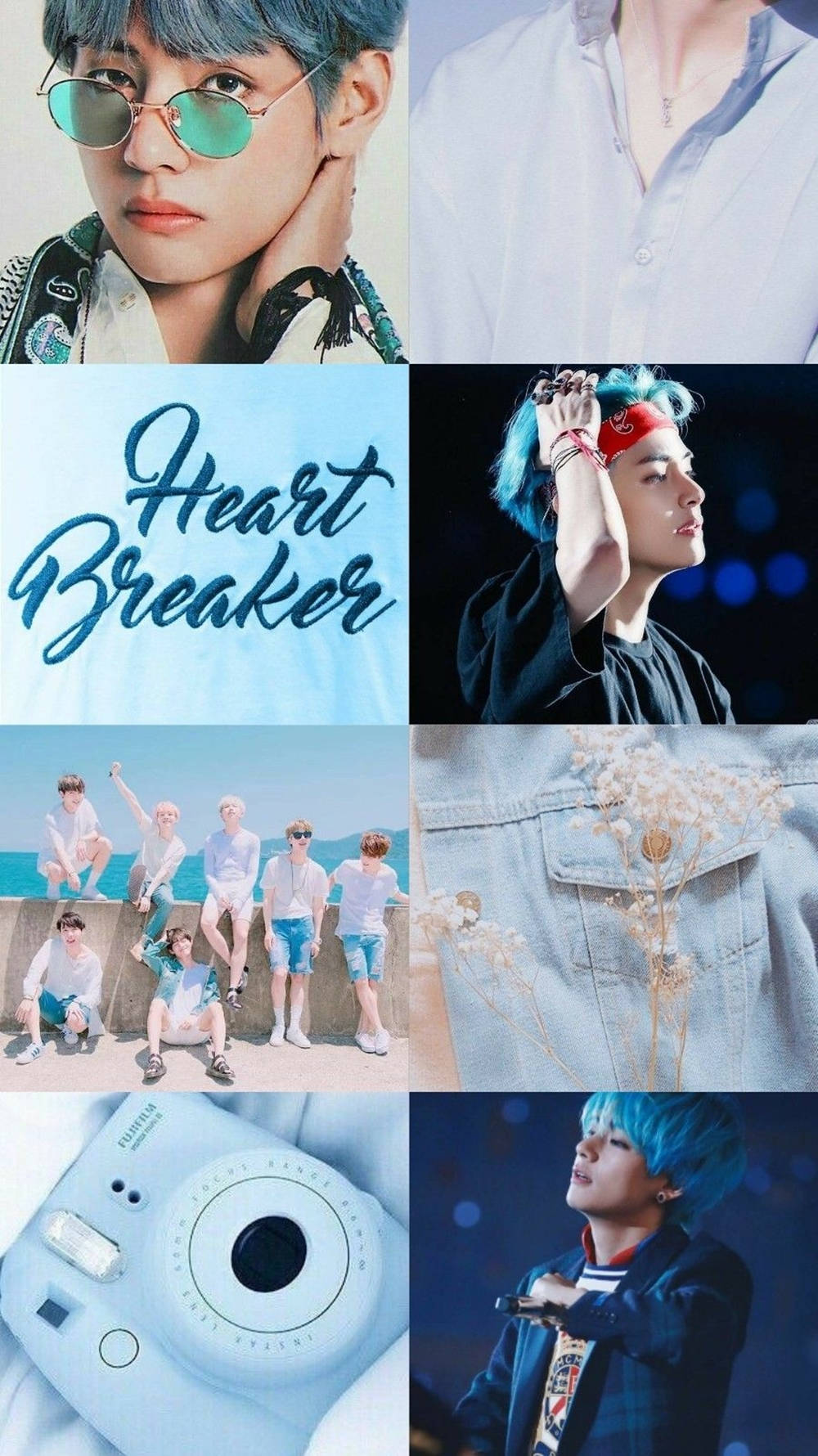 kim taehyung 桌布 壁紙 — 一幅K-pop偶像的拼貼畫，以藍色頭髮、太陽眼鏡和復古相機在柔和藍色背景前擺出各種姿勢。