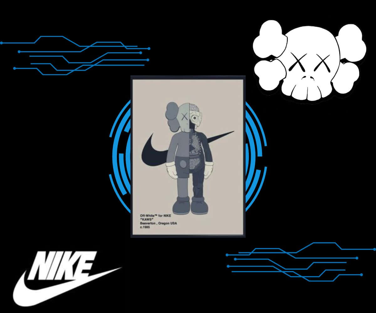 Kaws X Nike 桌布 壁紙 — 一幅KAWS x Nike藝術作品，以黑色背景為襯，呈現分裂面孔人物，帶有藍色電路圖案和骷髏圖案。