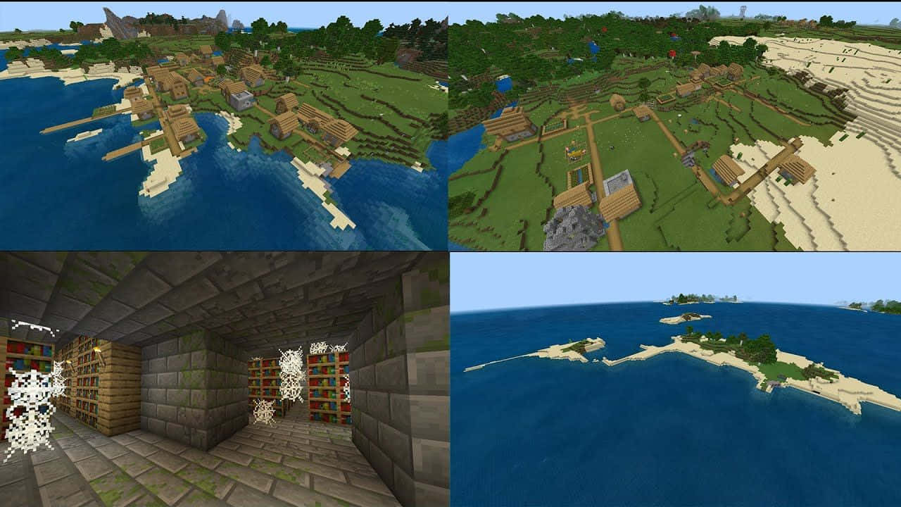 Minecraft Bedrock Edition 桌布 壁紙 — 一幅Minecraft世界拼貼畫，展示沿海村莊、梯田山丘、石頭圖書館和遠處島嶼，全部以方塊像素風格呈現。