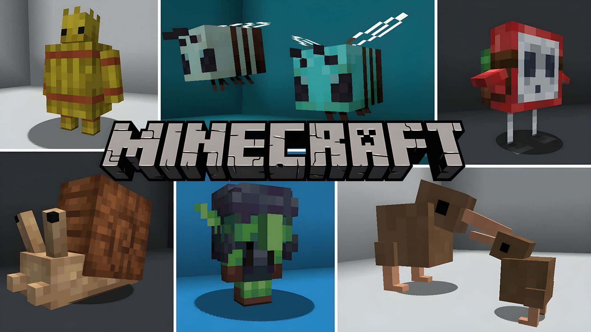 Minecraft Mods 桌布 壁紙 — 一幅Minecraft像素化角色拼貼畫，包括豬、羊、蜜蜂、雞、蝸牛、殭屍和奇異果，背景為彩色。