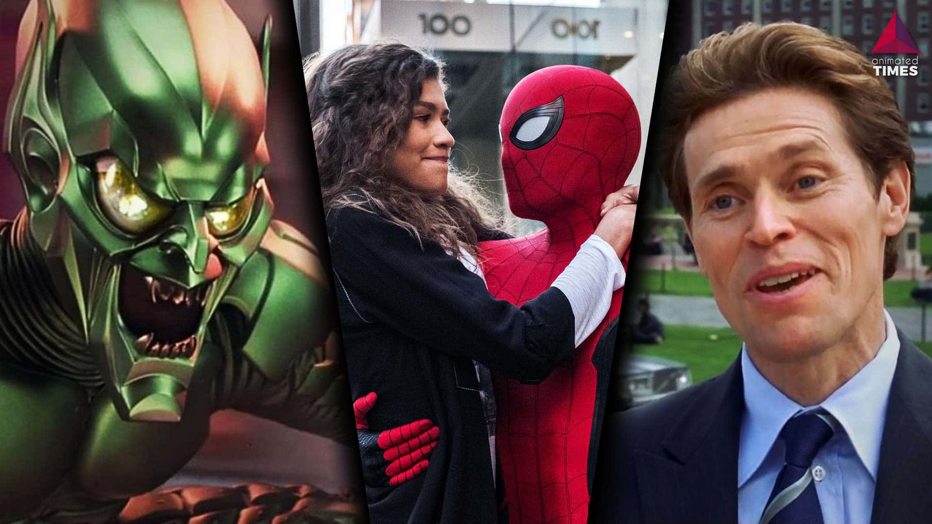 Norman Osborn 桌布 壁紙 — 一幅三聯畫，描繪一個兇惡的綠色反派、一個擁抱蜘蛛俠戰衣的女人，以及一個穿著西裝說話的男人。