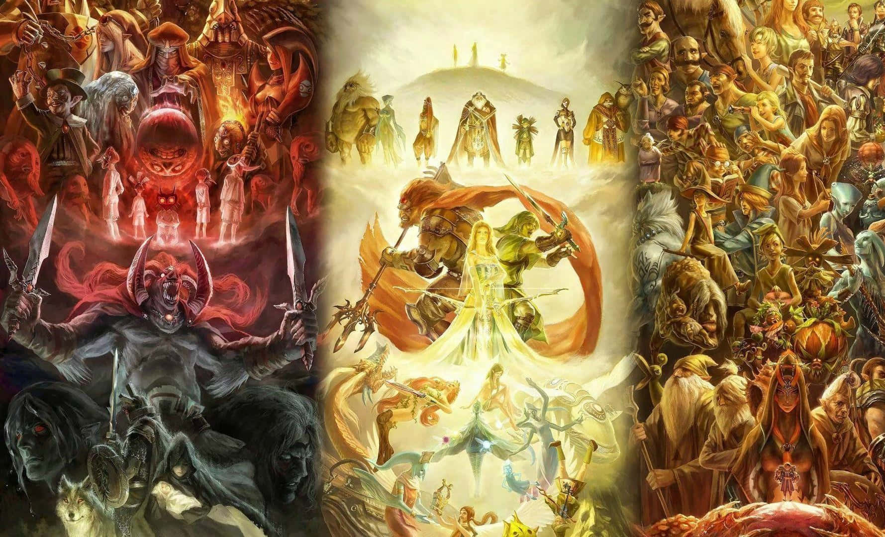 The Legend Of Zelda Characters 桌布 壁紙 — 一幅三聯畫奇幻藝術作品，左邊描繪黑暗惡魔形象，中間是英勇戰士和天使，右邊是一群多樣的神話生物。