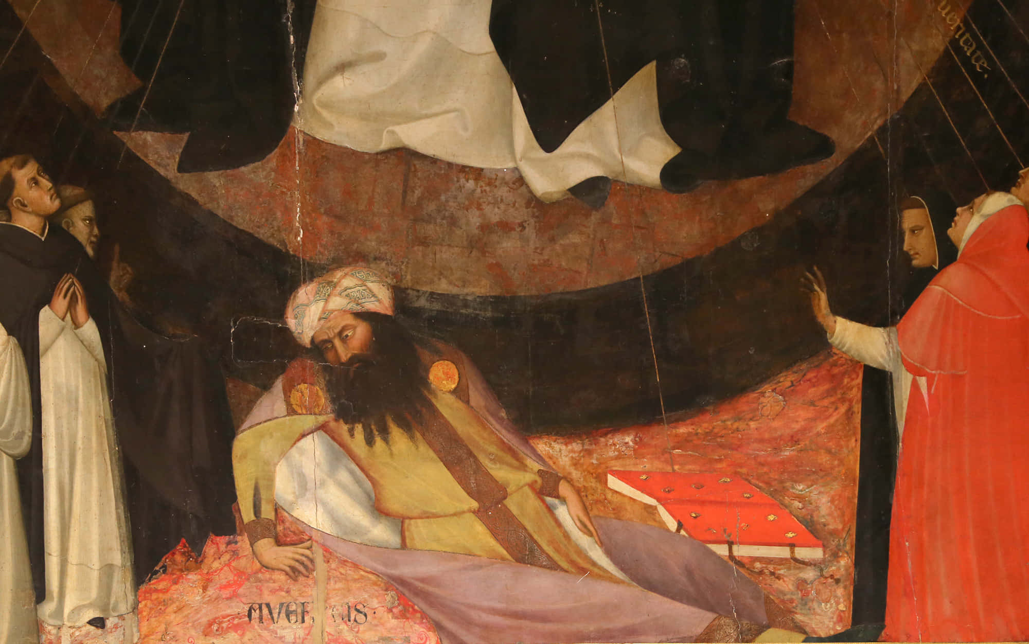 Renaissance 桌布 壁紙 — 一幅中世紀壁畫描繪一位留鬍鬚、戴頭巾的男子斜倚在紅色圖案布上，身穿長袍的人物注視著他。