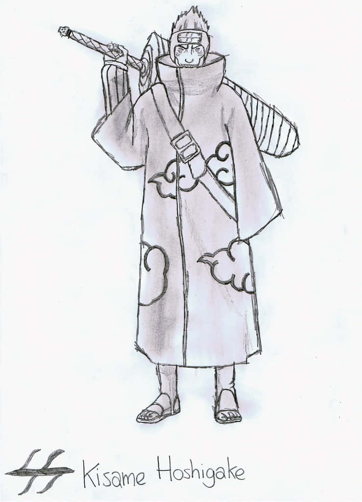 Akatsuki Kisame 桌布 壁紙 — 一幅乾柿鬼鮫身穿曉組織斗篷、肩上扛著劍的鉛筆素描。