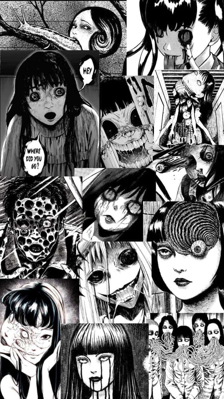 Horror Anime 桌布 壁紙 — 一幅令人不安的黑白漫畫拼貼畫，呈現出怪誕、扭曲的面孔，帶有螺旋狀的眼睛和令人不安的表情。