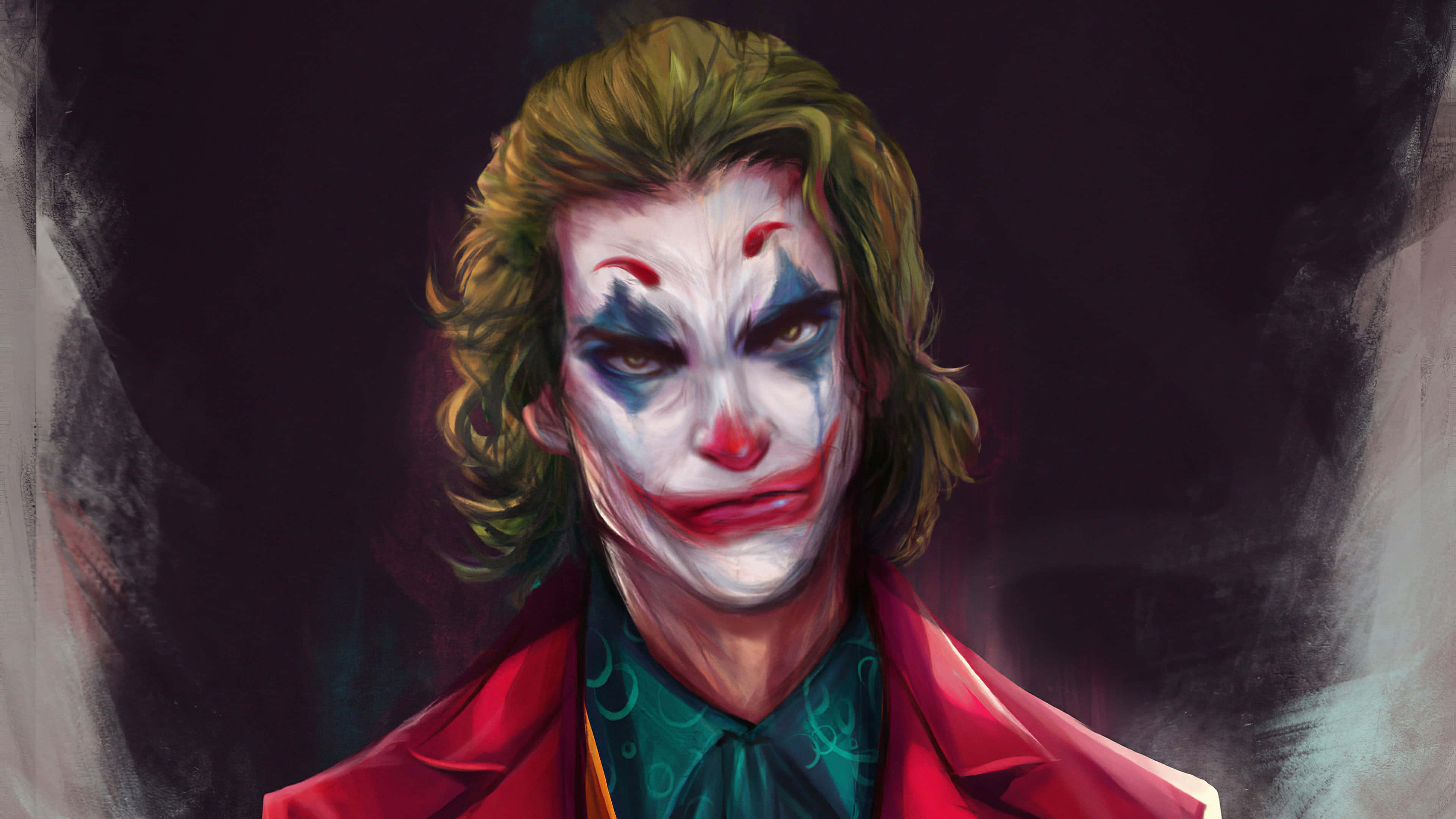 Joker Painting 桌布 壁紙 — 一幅令人不寒而慄的小丑肖像，擁有狂野的綠色頭髮和邪惡的笑容，背景陰暗煙霧彌漫。
