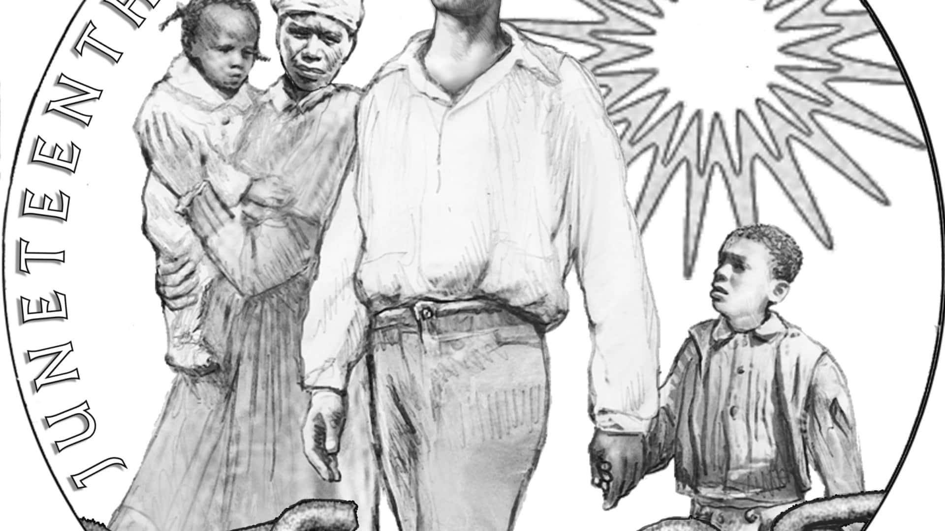 Juneteenth 桌布 壁紙 — 一幅令人動容的黑白插圖，描繪一個四口之家在燦爛陽光下向前行走，邊緣刻有「JUNETEENTH」字樣。