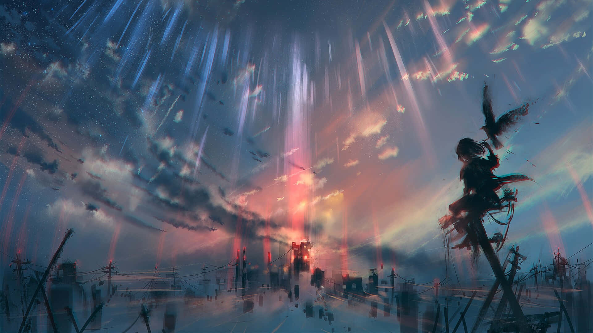 「一幅令人屏息的動漫夜景」 壁紙 — 一個孤獨的身影帶著一隻鳥棲息在塔頂，背景是帶有耀眼光束和暴風雲的超現實天空。
