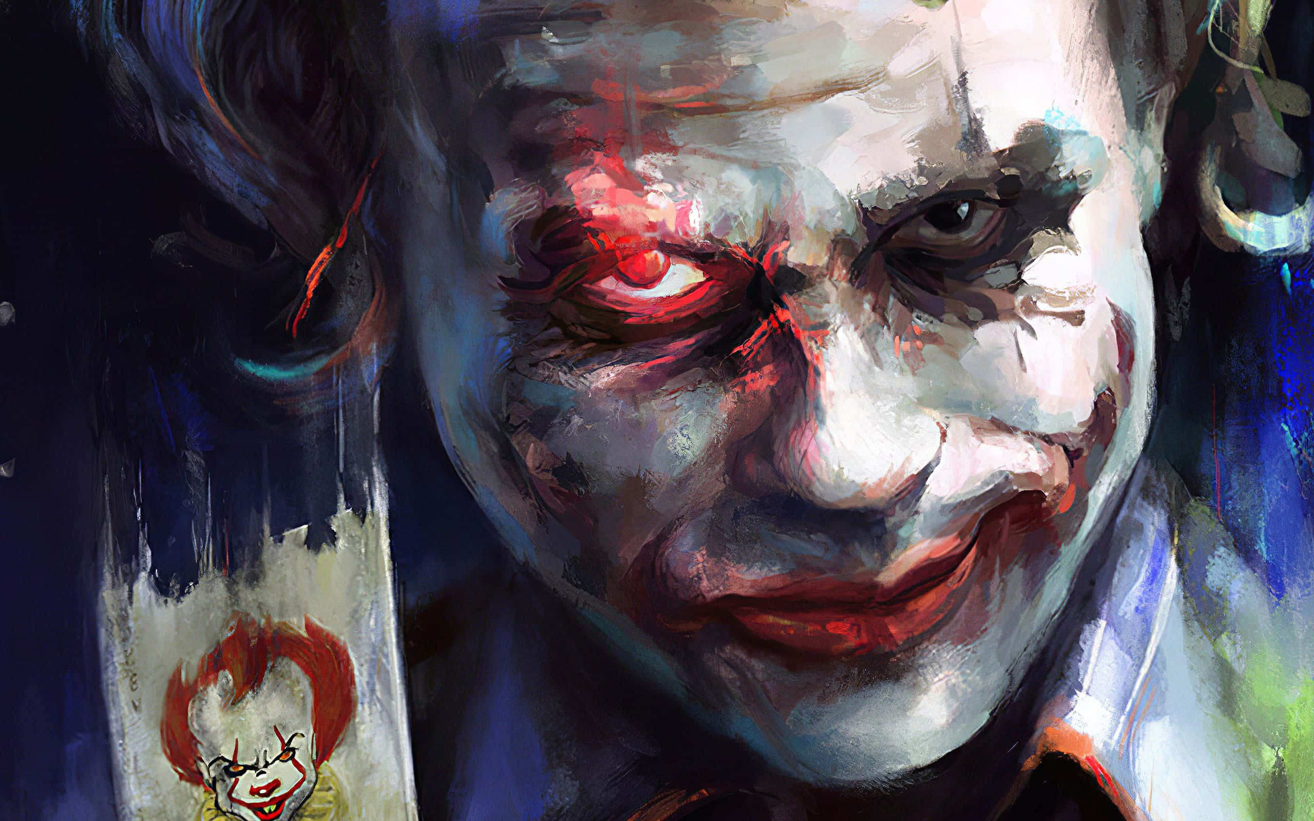 Joker Painting 桌布 壁紙 — 一幅令人毛骨悚然的小丑畫像，臉上塗抹著白色顏料、紅唇和一隻發光的紅色眼睛，背景是黑暗的抽象風格。