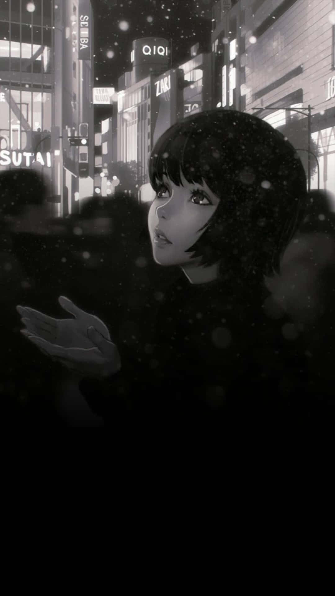 雪夜都市中伸出手的動畫風格少女