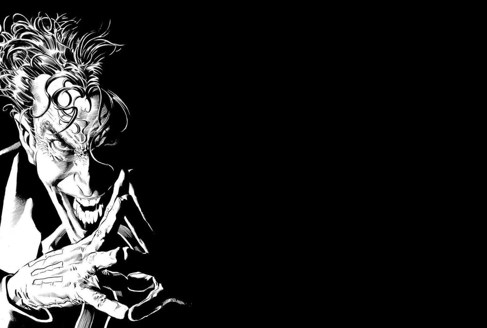 Black And White Comic 桌布 壁紙 — 一幅令人畏懼的黑白插圖，描繪一個咧嘴笑、有紋身、頭髮狂野的男人，雙手伸出，背景是 stark 黑色。