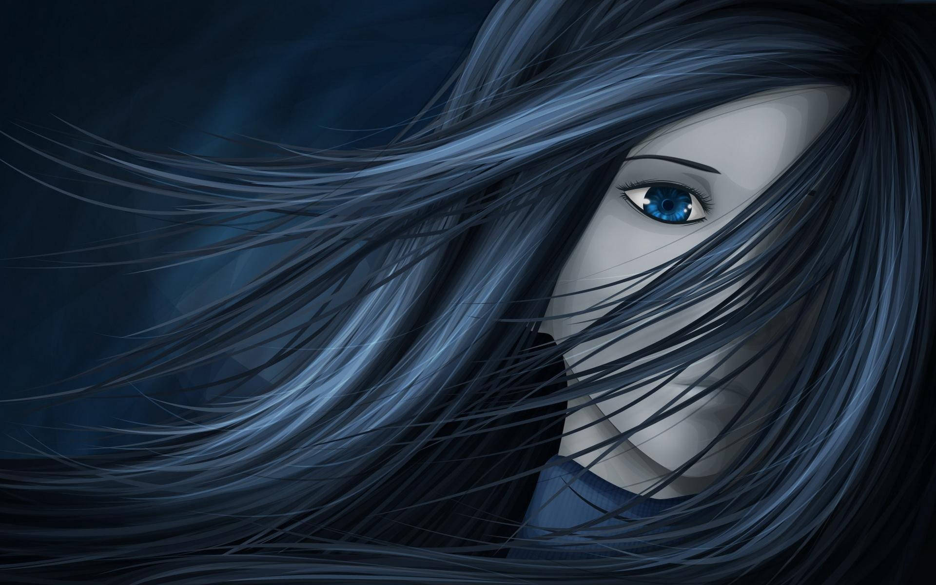aesthetic sad anime girl 桌布 壁紙 — 一幅令人難忘的動漫風格肖像，描繪一位擁有銳利藍色眼睛和飄逸深藍色頭髮的女性，頭髮部分遮蓋她的臉龐，背景是陰鬱的深藍色。
