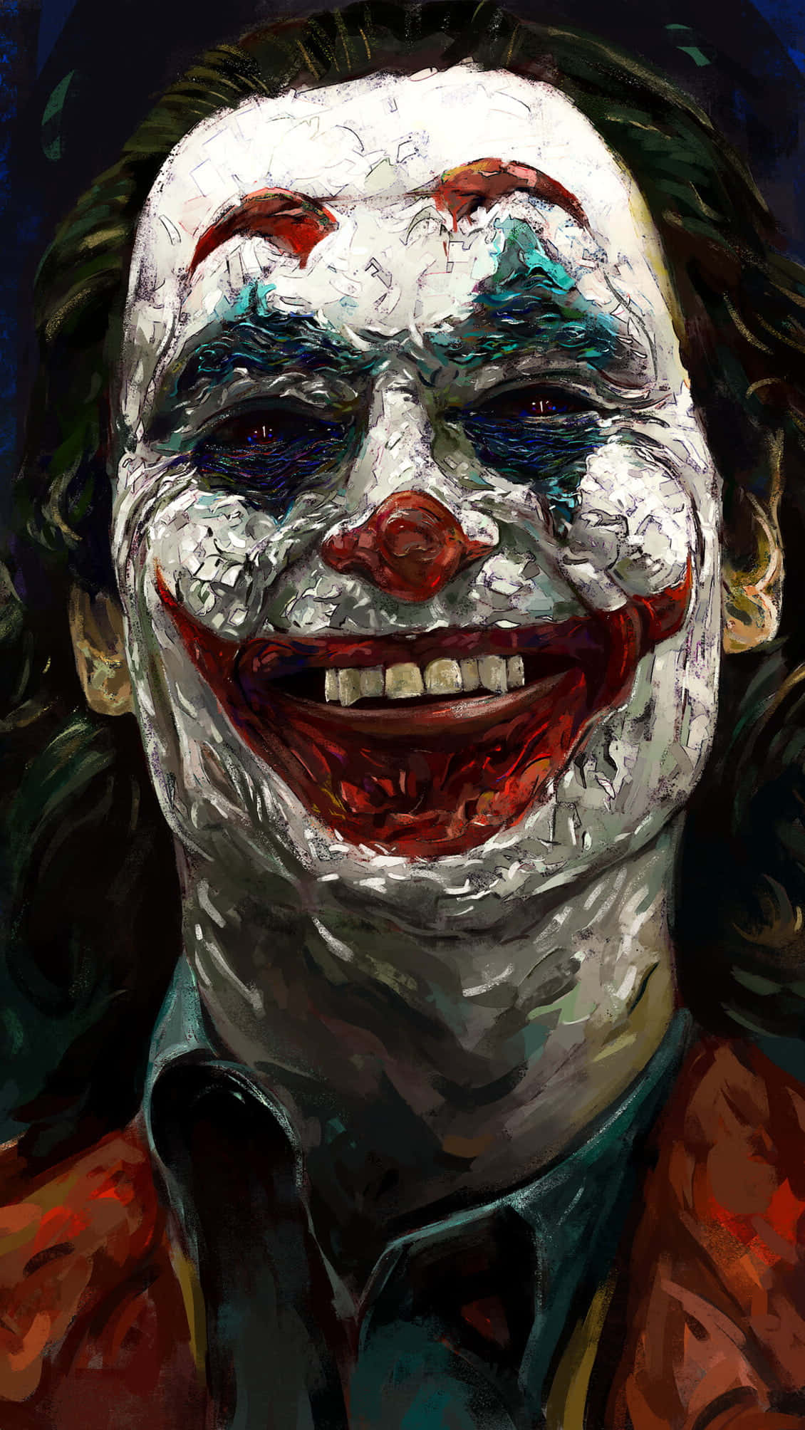 Joker Painting 桌布 壁紙 — 一幅令人難忘的小丑油畫肖像，臉上帶有裂紋的白色顏料和寬闊的邪惡笑容。
