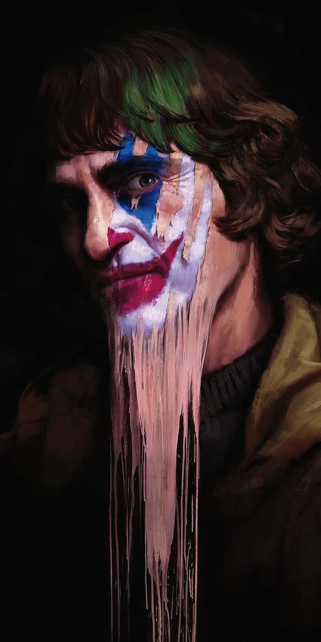 Joker Painting 桌布 壁紙 — 一幅令人難忘的小丑肖像，融化的丑角化妝品順著他的臉滴落，背景陰暗。