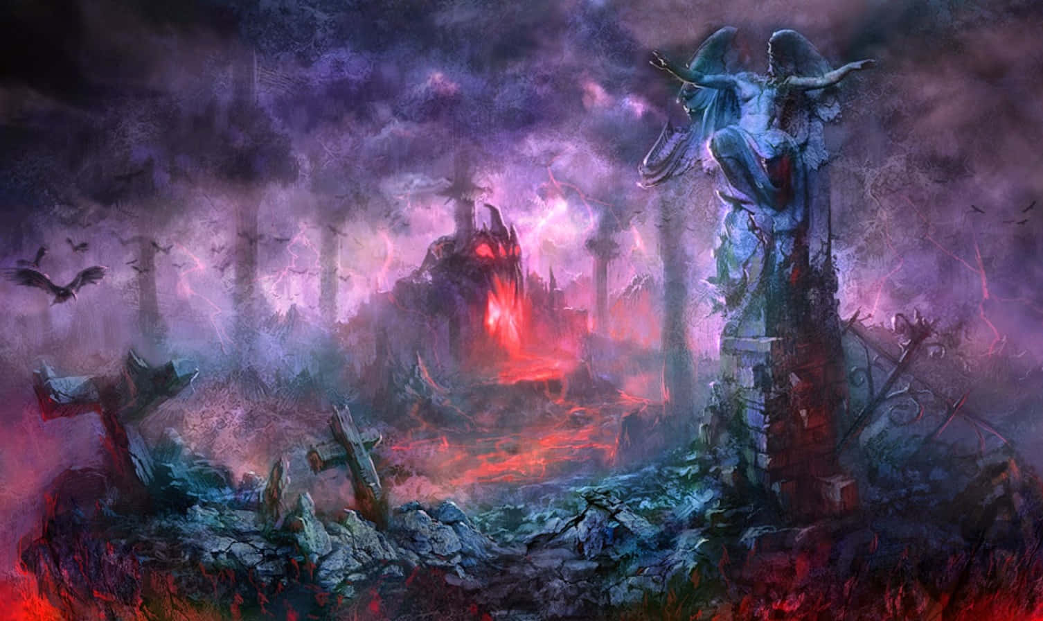 Demon Realm 桌布 壁紙 — 一幅令人難忘的數碼藝術作品，描繪了一座破碎的天使雕像俯瞰著一個熾熱的地獄景觀，有發光的紅色熔岩和黑暗的暴風雲。