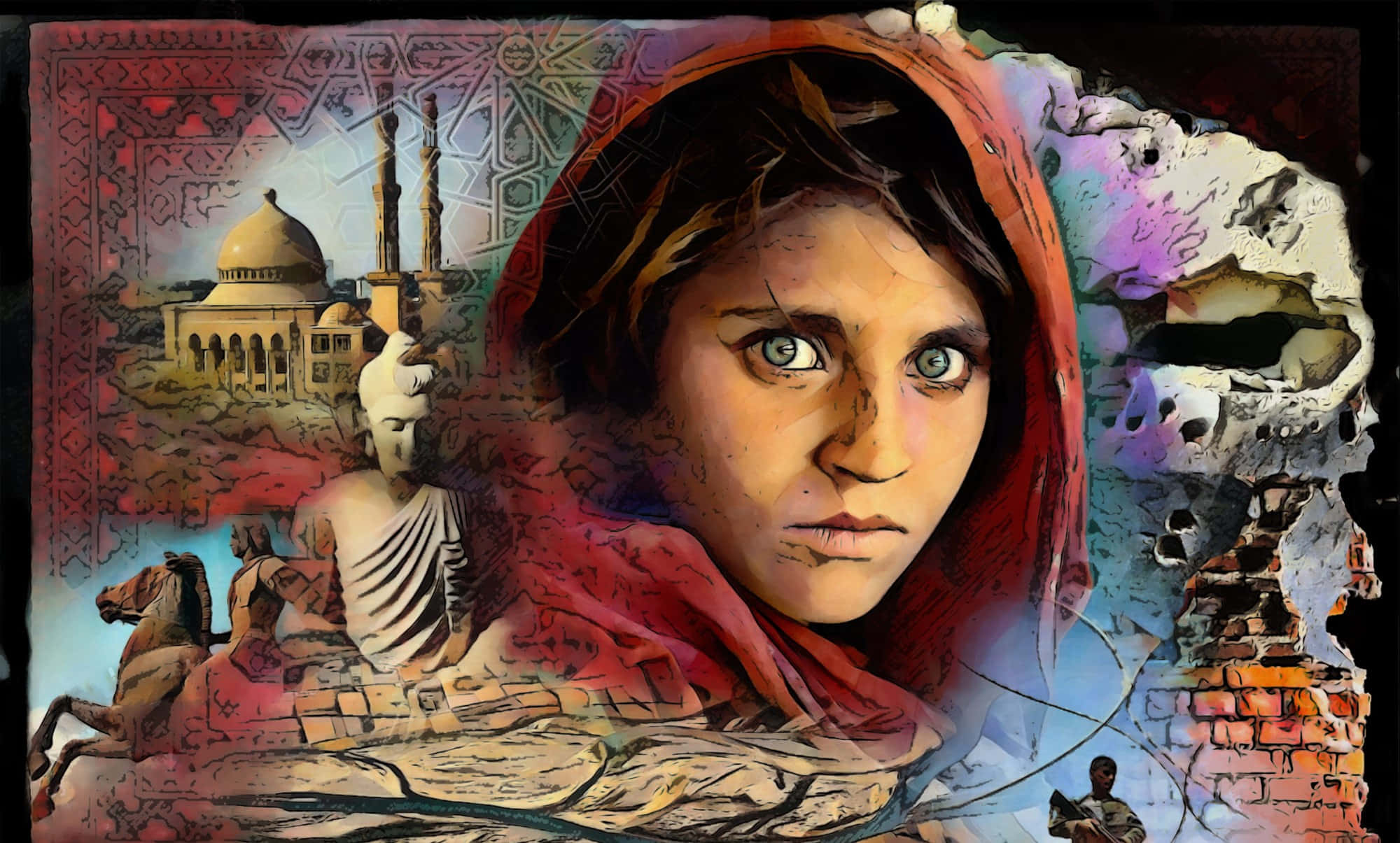 Afghanistan 桌布 壁紙 — 一幅令人難忘的數碼藝術肖像畫，描繪一位眼神銳利的女孩，周圍環繞著古代遺跡、清真寺和骷髏圖案的拼貼。