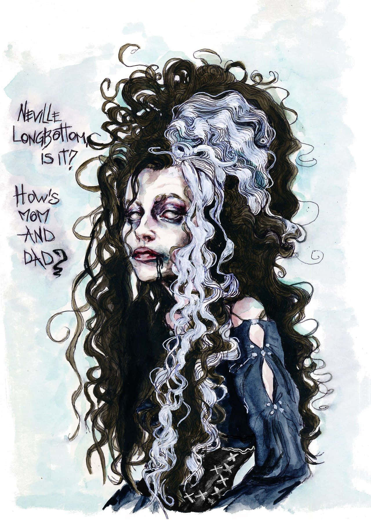 Death Eaters 桌布 壁紙 — 一幅令人難忘的水彩肖像畫，描繪一位擁有半黑半銀捲髮和蒼白妝容的女性，背景是柔和的藍色。