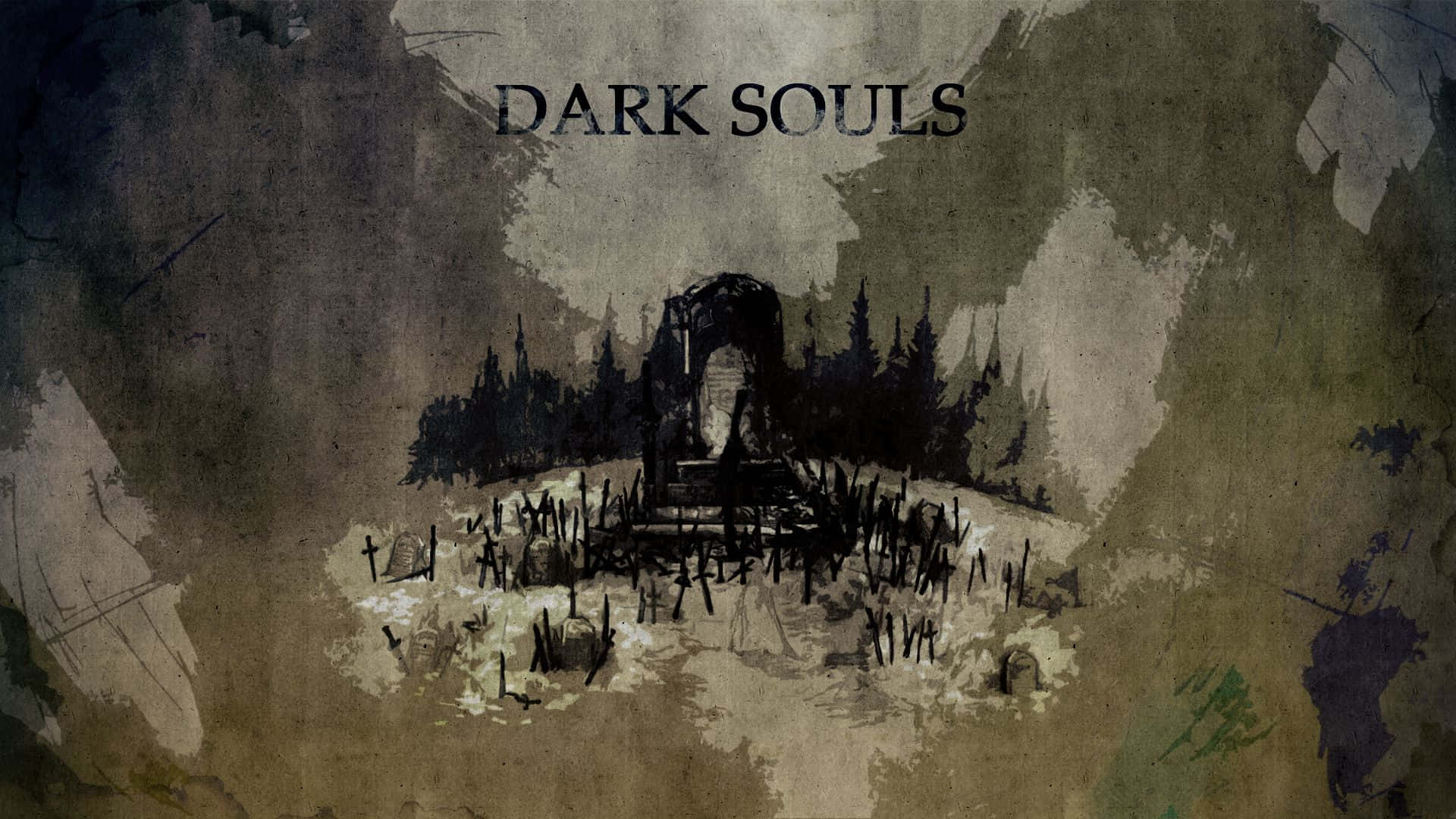 Dark Souls Map 桌布 壁紙 — 一幅令人難忘的水彩風格插圖，描繪了陰沉天空下一個荒涼的墓地，其中有一個破碎的拱門。