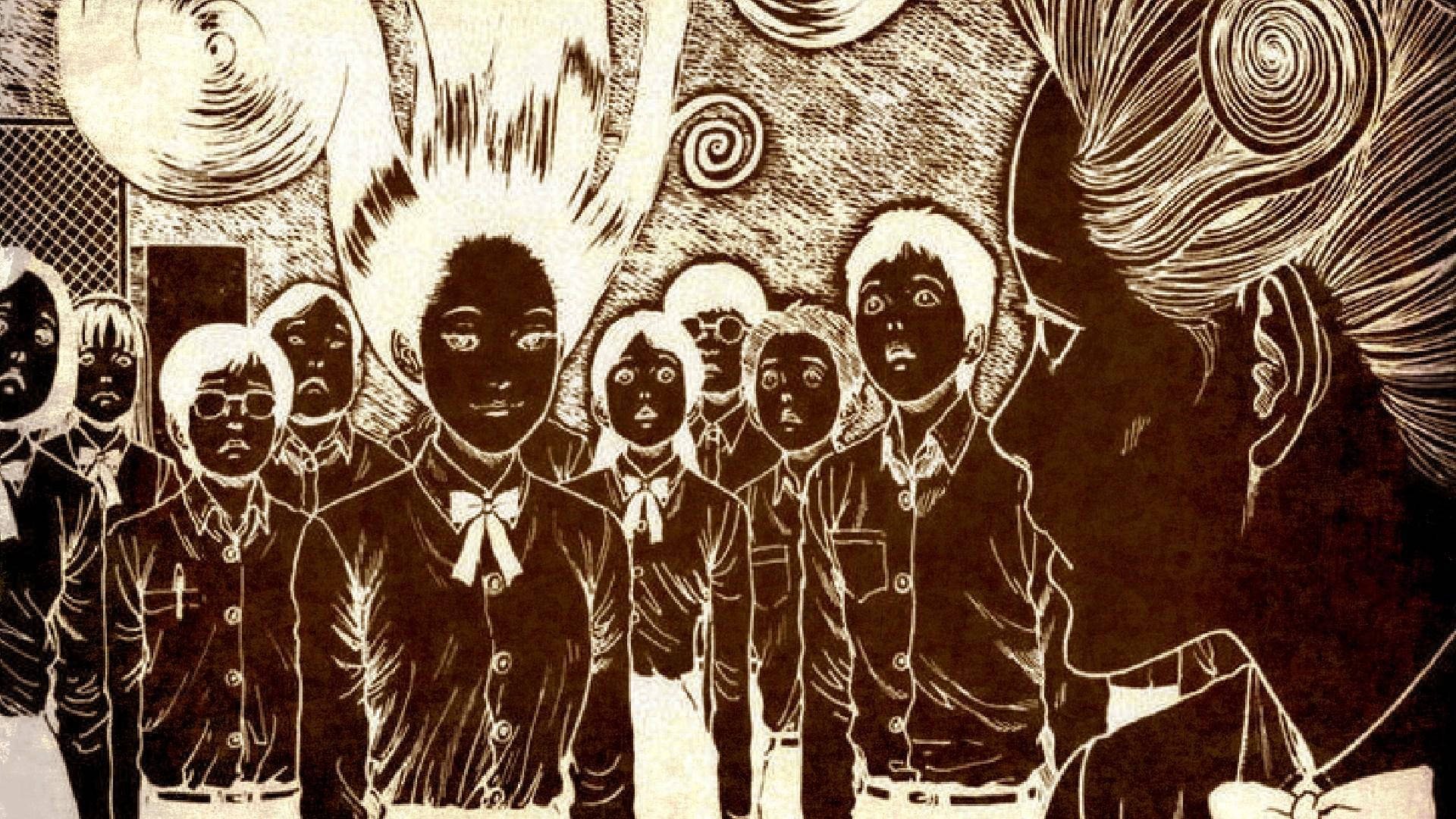 嚇人 桌布 壁紙 — 一幅令人難忘的漫畫風格插圖，描繪一群穿著制服的學生震驚地凝視著一個背景帶有漩渦圖案的威嚴人物。