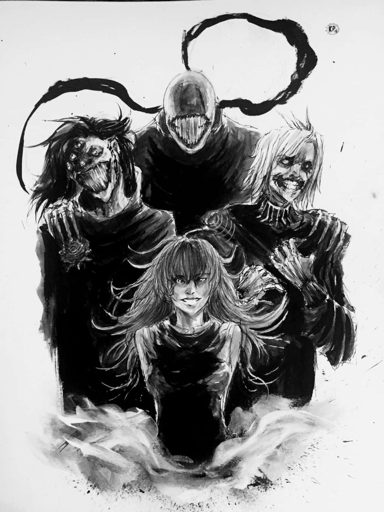 Seidou Takizawa 桌布 壁紙 — 一幅令人難忘的黑白插圖，描繪一個年輕女孩被三個帶有誇張笑容和流動黑暗觸鬚的威脅性怪誕人物包圍。