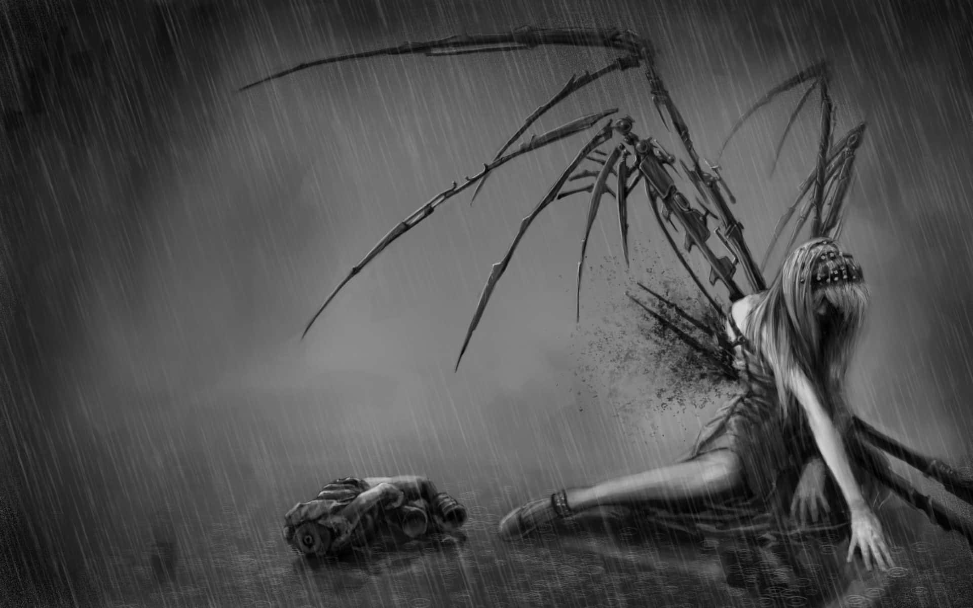 Dark Emotional 桌布 壁紙 — 一幅令人難忘的黑白插圖，描繪一個有骷髏翅膀的身影跪在雨中，旁邊是一輛破車。