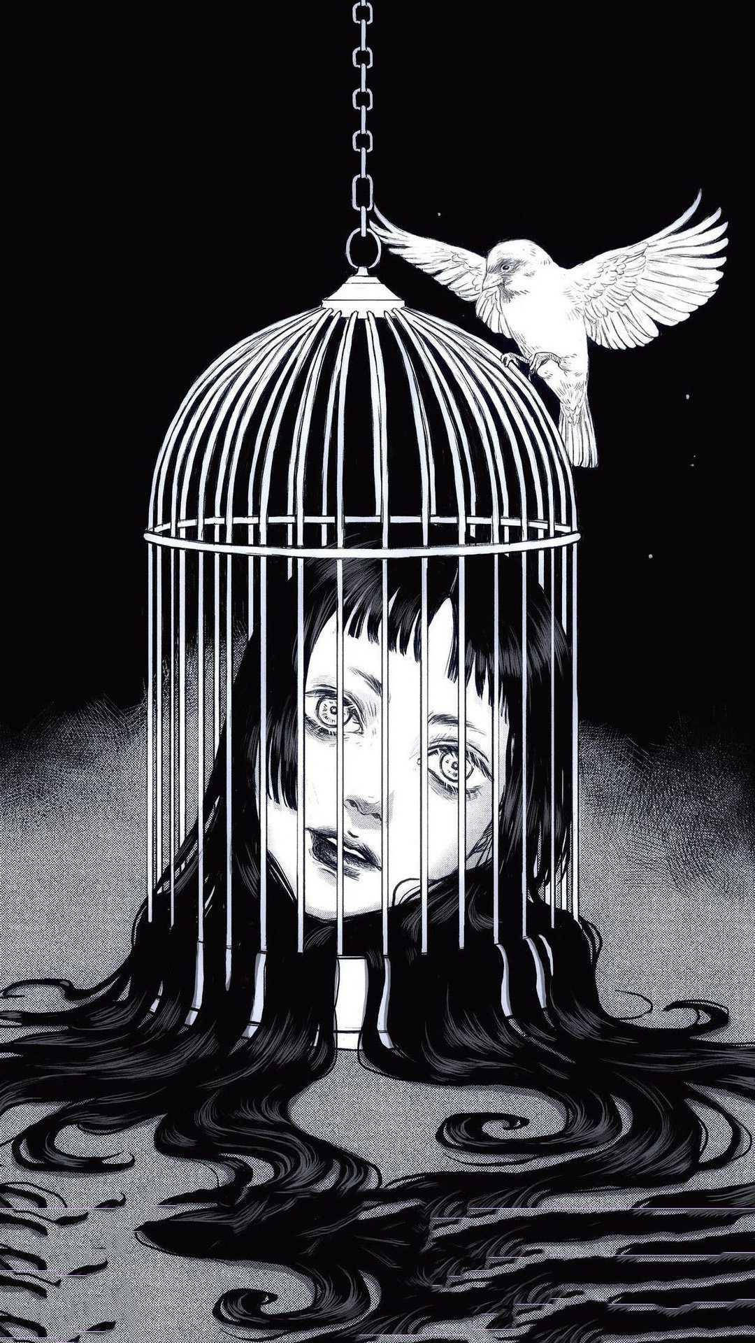 恐怖 桌布 壁紙 — 一幅令人難忘的黑白插圖，描繪一個女人的臉從懸掛的鳥籠內的水中浮現，同時一隻鳥飛走。
