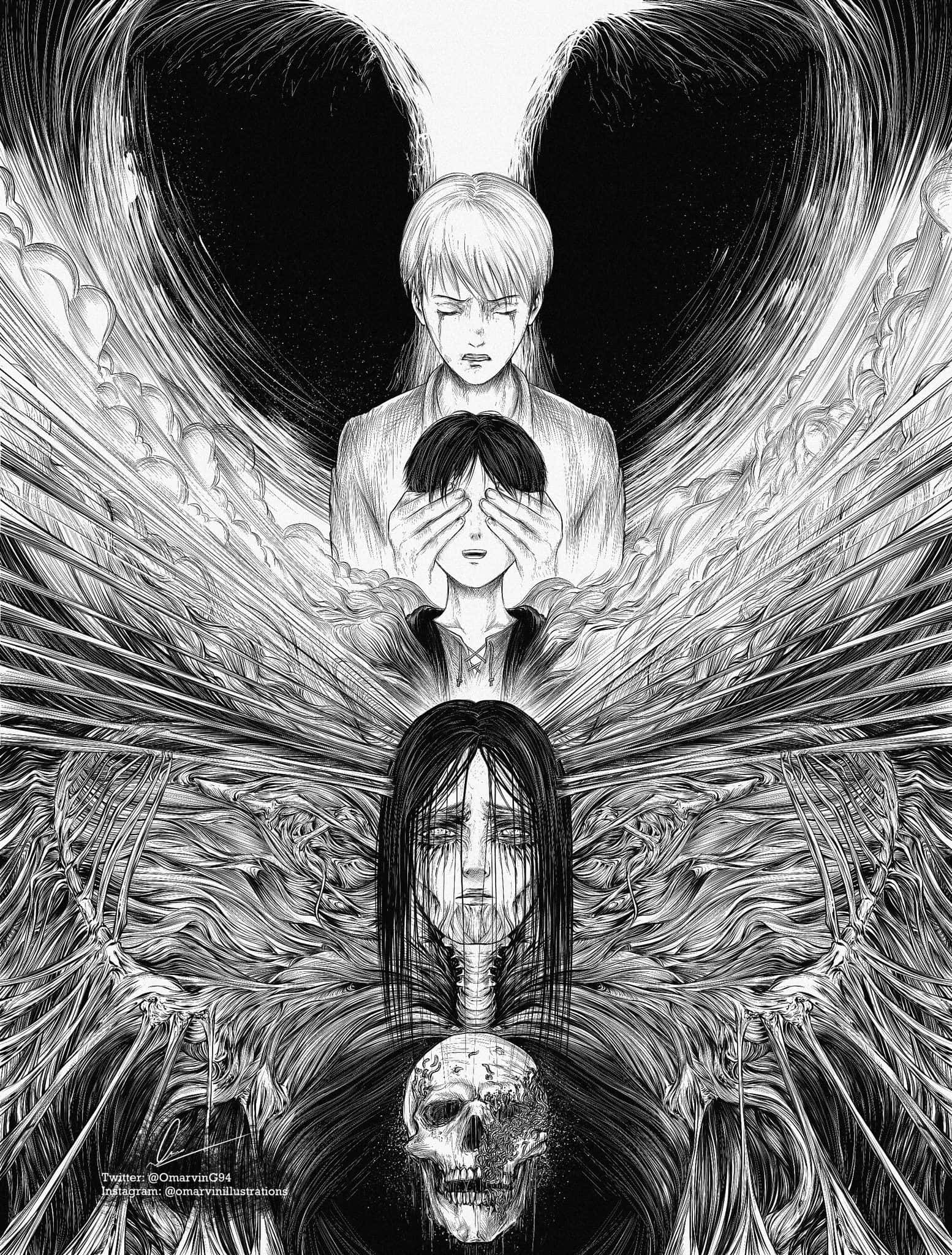 Manga Series 桌布 壁紙 — 一幅令人難忘的黑白插圖，描繪三個帶有精緻翅膀的人物，一個在哭泣，一個遮住眼睛，一個下方有頭骨，傳達悲傷和絕望。