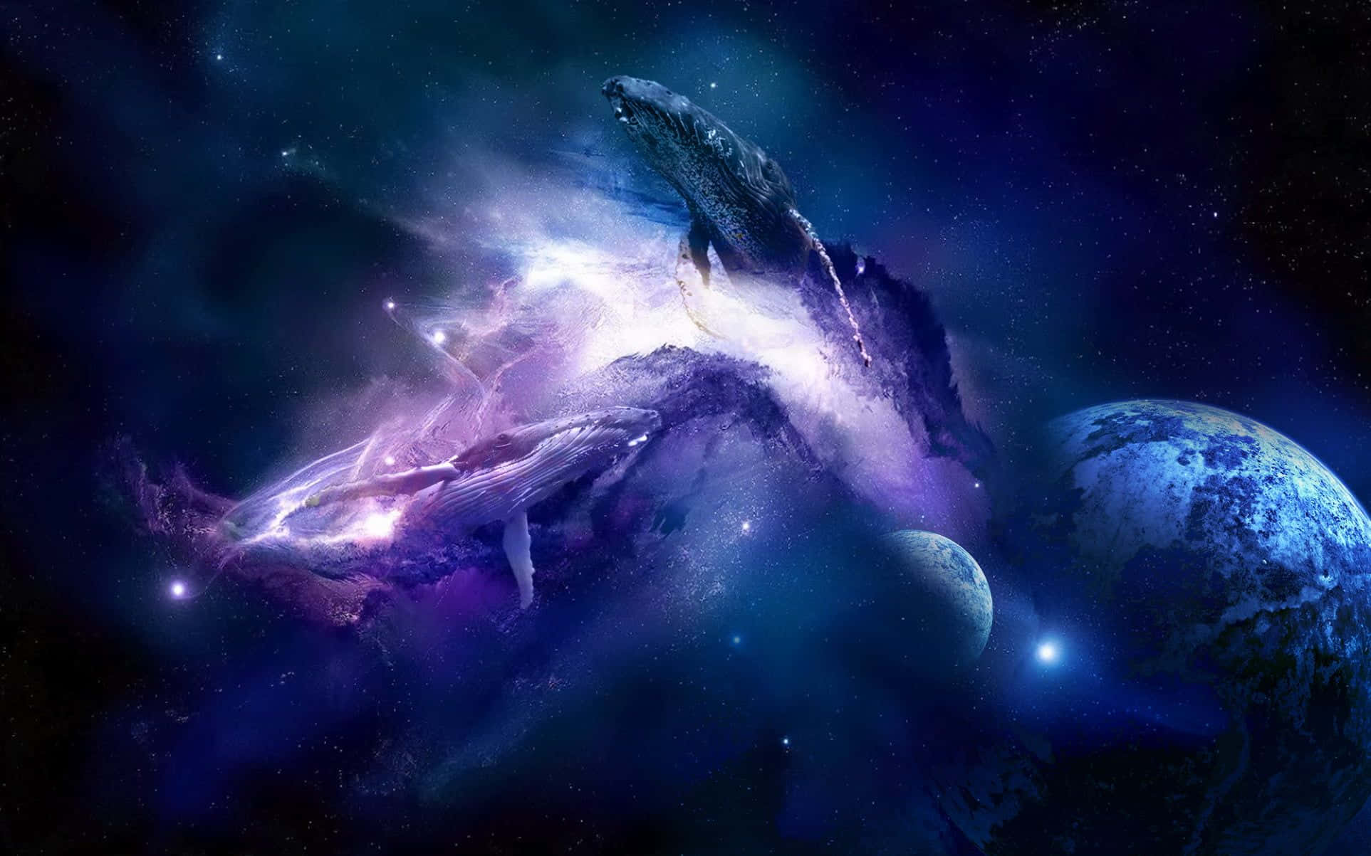 鯨魚在深空行星附近的發光宇宙星雲中游泳。