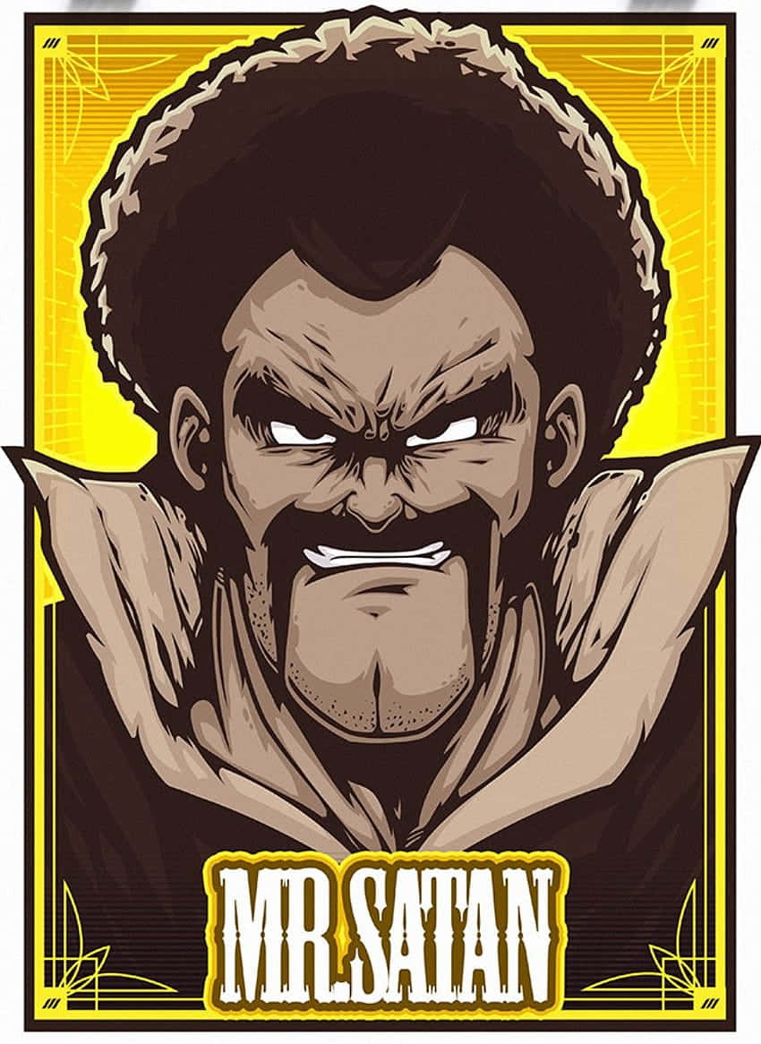 Hercule Satan 桌布 壁紙 — 一幅以動漫風格繪製的撒旦先生兇猛肖像，帶有憤怒表情，襯以大膽的黃色背景。