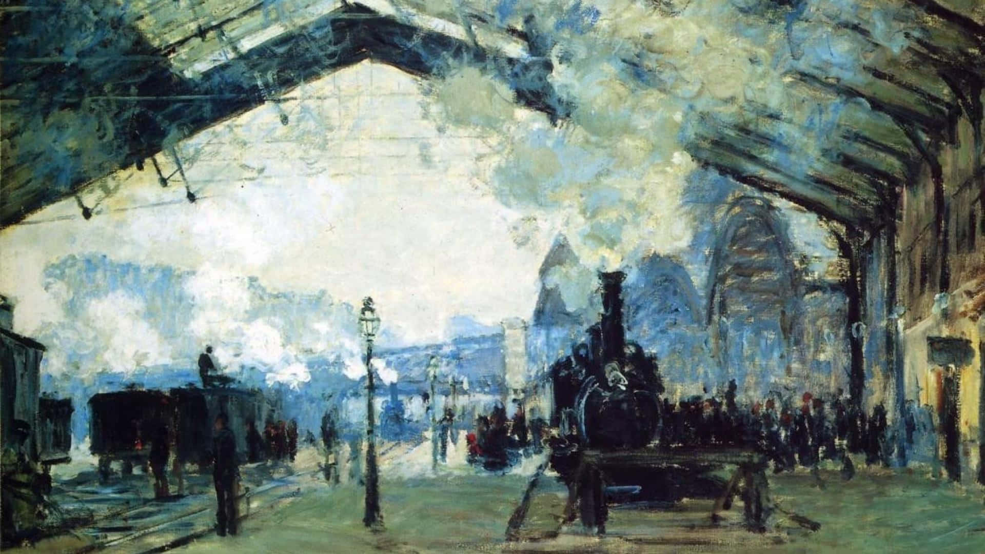 Impressionism 桌布 壁紙 — 一幅以印象派筆觸描繪的19世紀繁忙火車站，蒸汽從火車頭噴湧而出，人群聚集在寬闊的拱形屋頂下。