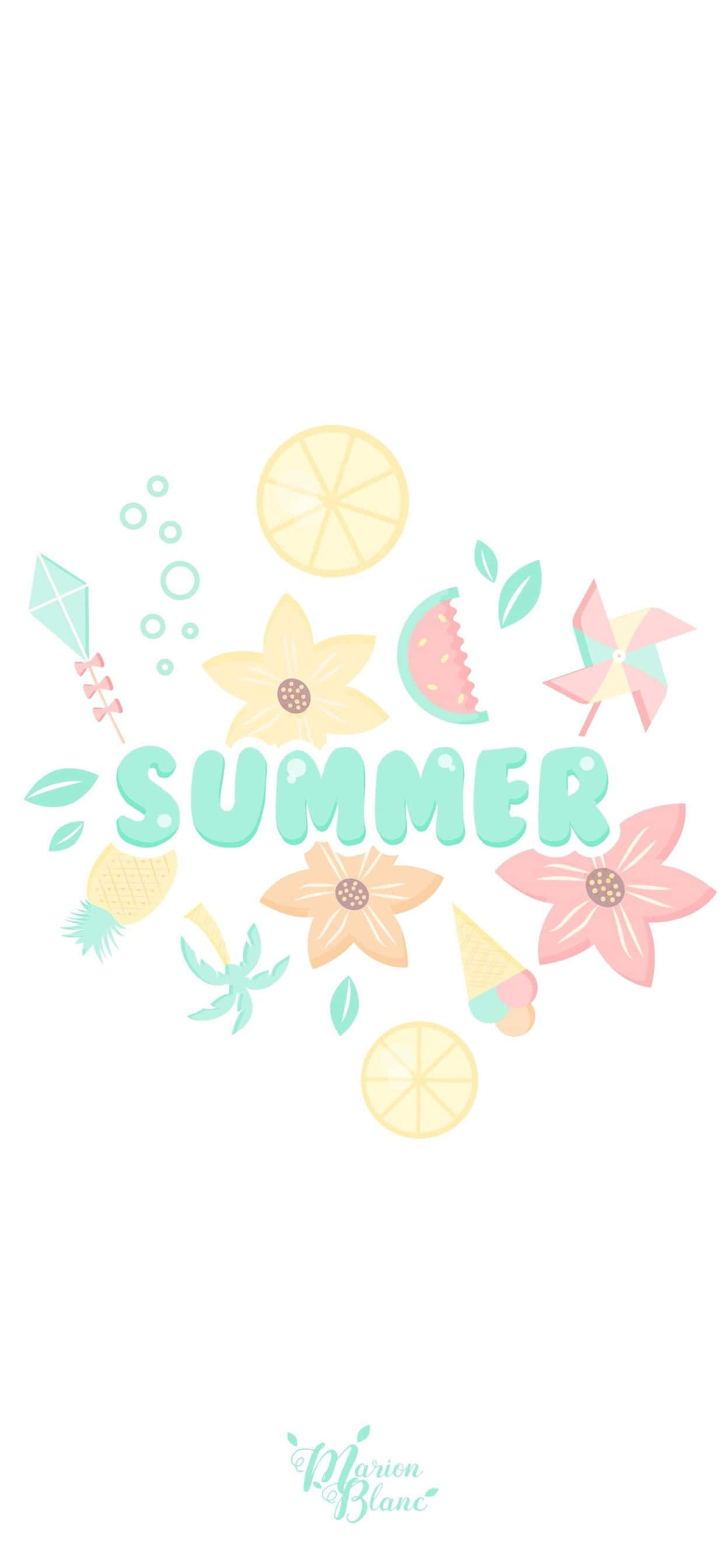 夏天 iPhone 桌布 壁紙 — 一幅以夏天為主題的歡樂插圖，周圍有粉彩花朵、水果和風箏圍繞著夏天這個詞。