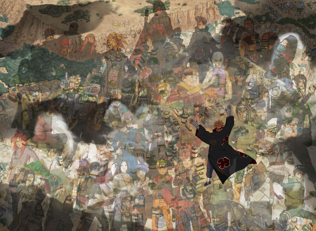 Naruto Village 桌布 壁紙 — 一幅以大地色調層疊的Naruto角色動態動漫拼貼畫，中央人物跳躍穿過構圖。