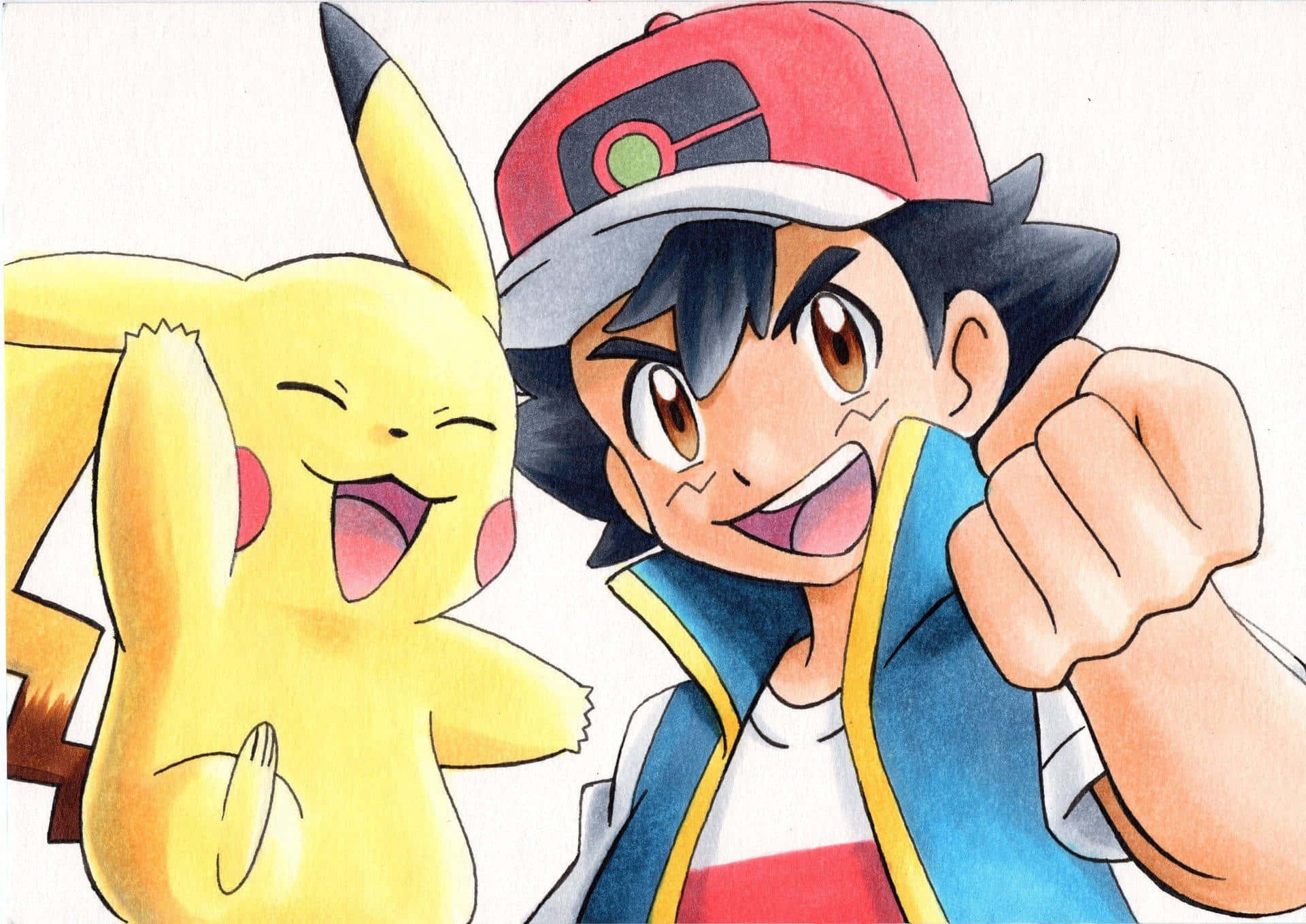 Ash And Pikachu 桌布 壁紙 — 一幅以白色背景為襯托、小智與比卡超舉起拳頭擺姿勢的歡樂動漫風格畫作。