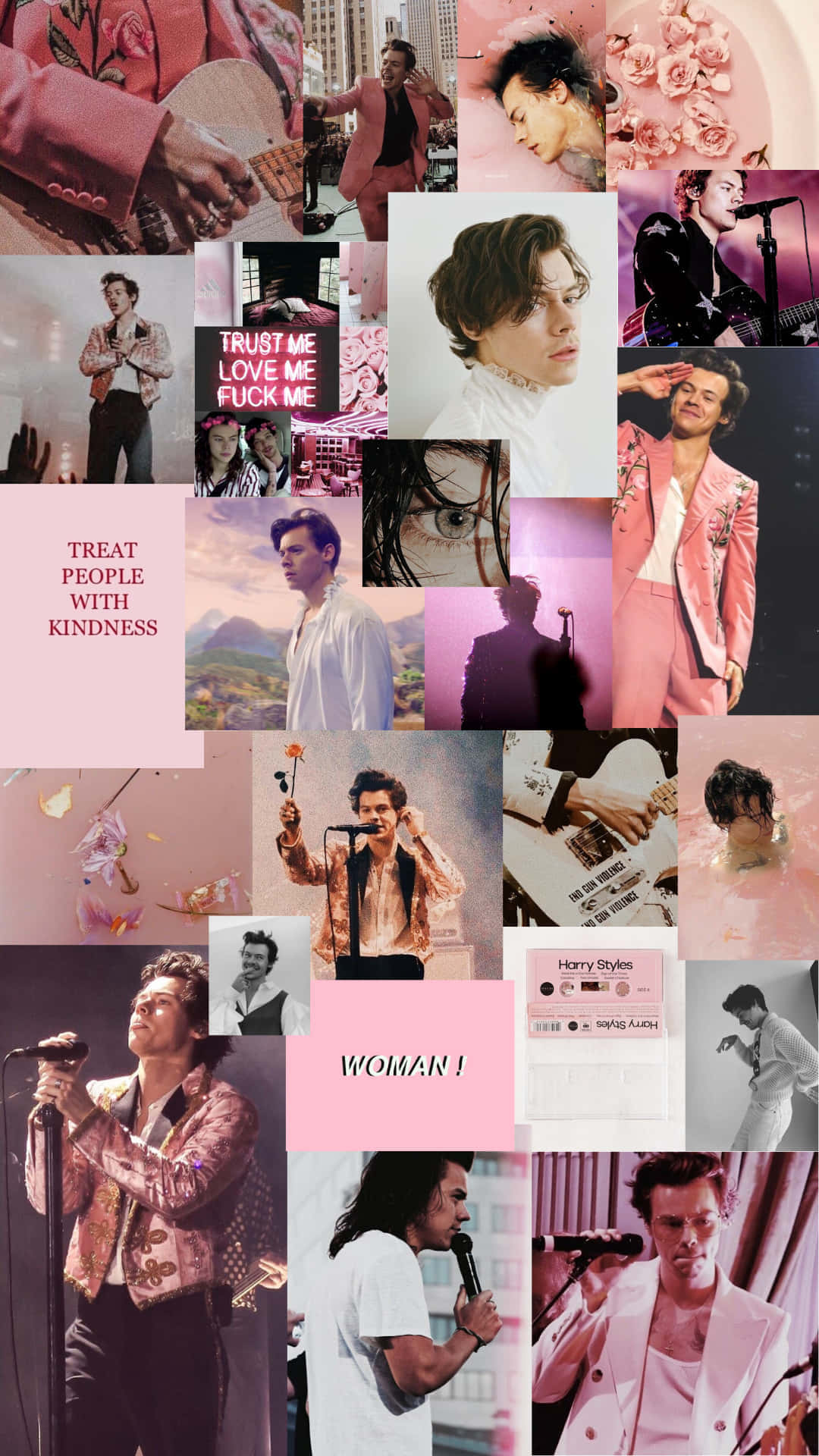 哈里·斯泰爾斯 桌布 壁紙 — 一幅以粉紅色調為主的哈利·史泰爾斯（Harry Styles）拼貼畫，展示他在不同表演和姿勢中的形象，並帶有花卉和文字疊加效果。
