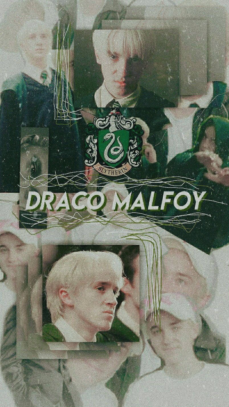 draco 桌布 壁紙 — 一幅以紋理背景為襯，疊加史萊哲林標誌和綠色藤蔓的跩哥·馬份肖像拼貼畫。
