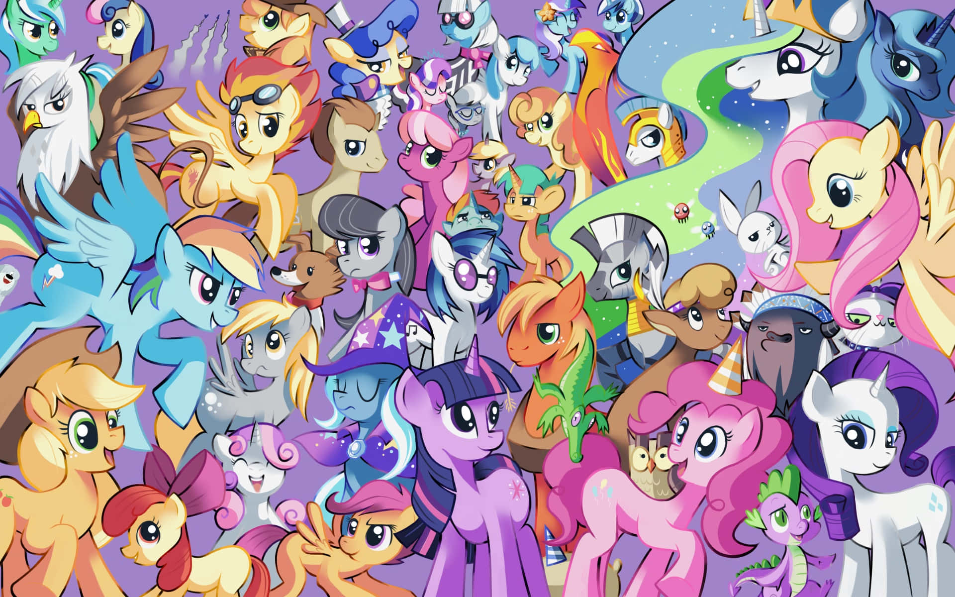pony 桌布 壁紙 — 一幅以紫色背景為襯托，色彩繽紛嘅卡通風格 My Little Pony 角色拼貼畫。