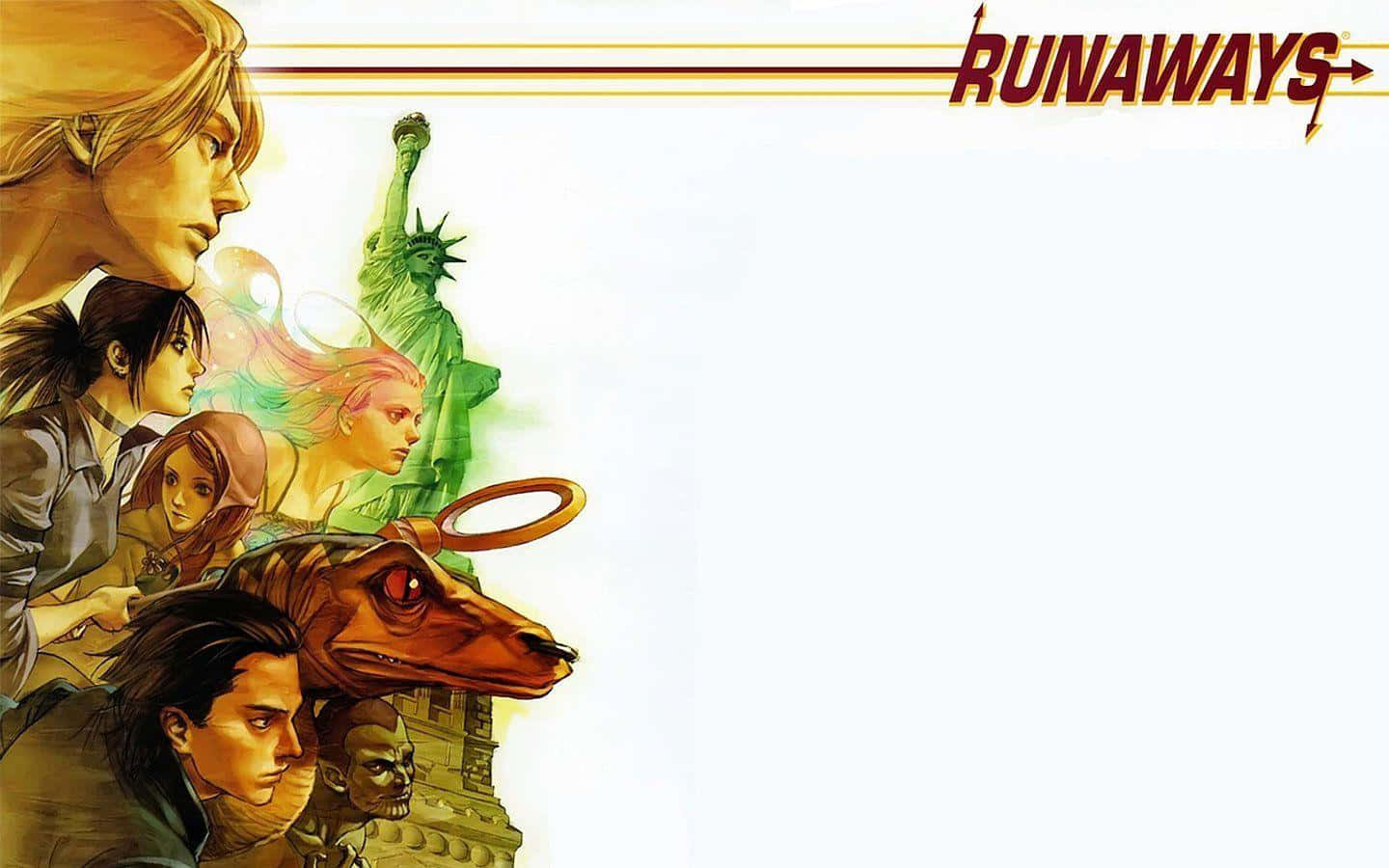 Runaways 桌布 壁紙 — 一幅以自由女神像為背景的逃亡者團隊漫畫插圖。
