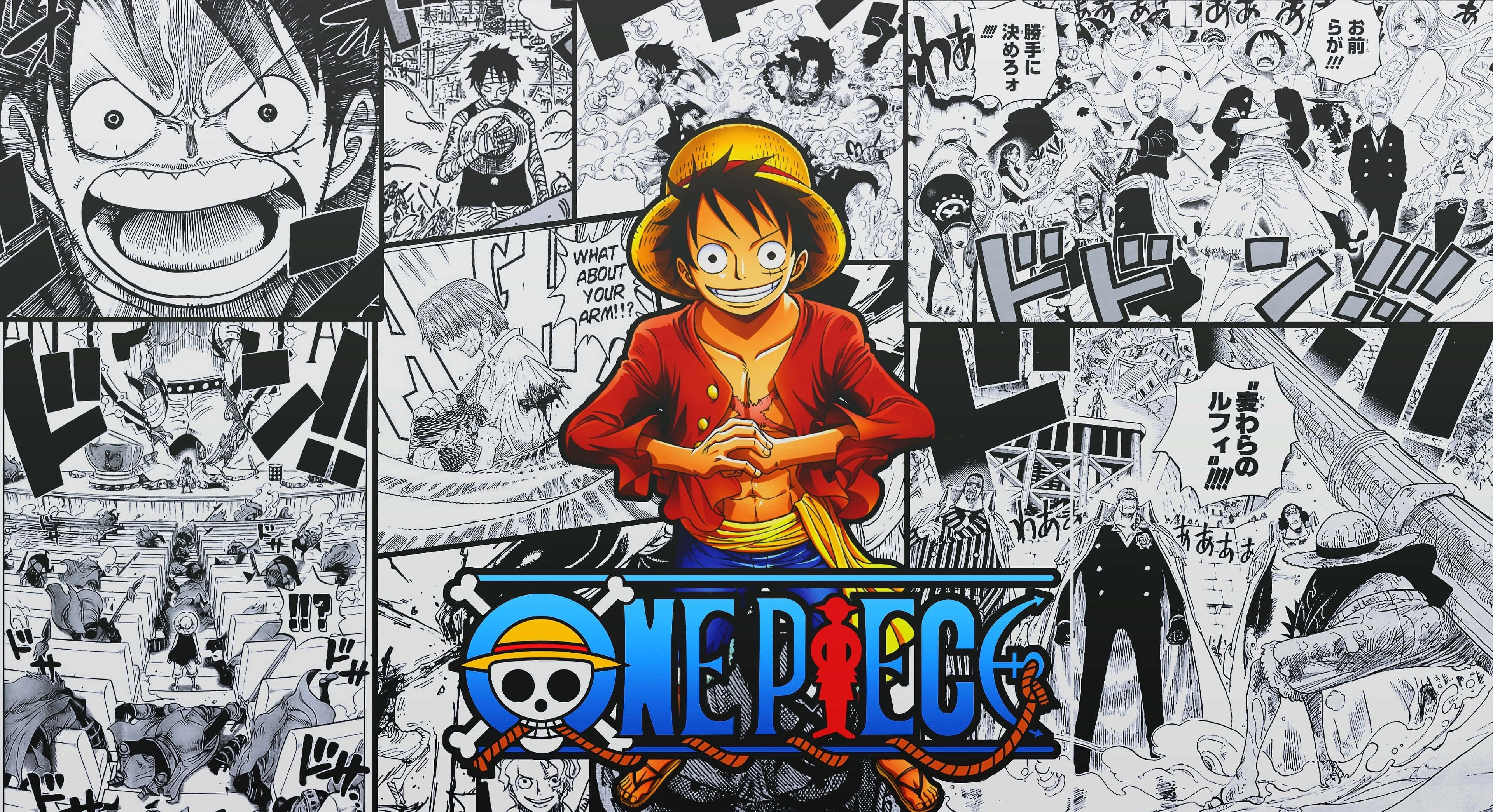 One Piece Manga 桌布 壁紙 — 一幅以蒙奇·D·路飛為中心的充滿活力的動漫拼貼畫，周圍環繞著黑白漫畫面板。