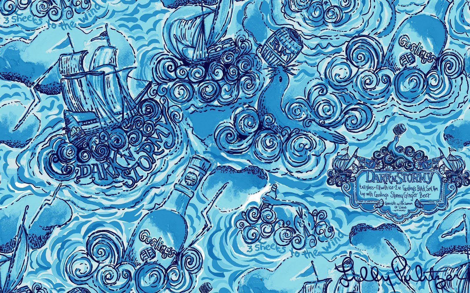 圖案 桌布 壁紙 — 一幅以藍色墨水繪製的奇幻插圖，描繪帆船和漩渦波浪，並帶有俏皮文字元素。