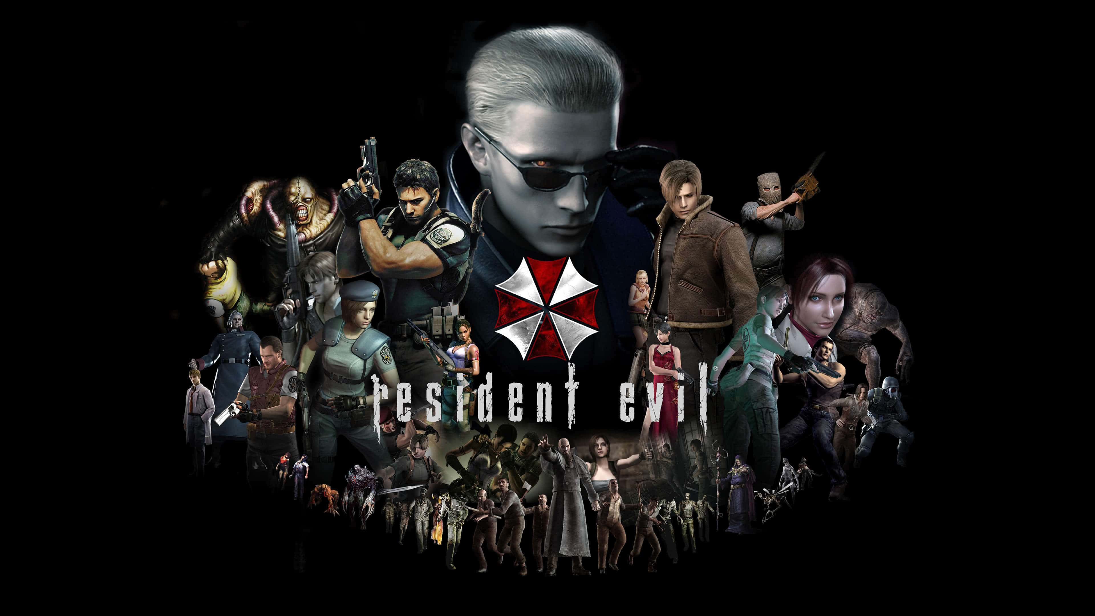 Resident Evil Characters 桌布 壁紙 — 一幅以阿爾伯特·威斯卡為中心、帶有標誌性紅白雨傘標誌的《生化危機》角色暗色拼貼畫。