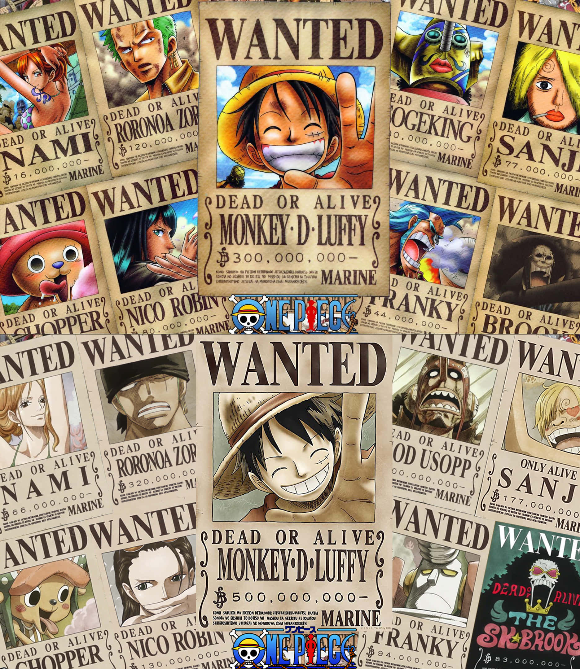 Dressrosa 桌布 壁紙 — 一幅來自《ONE PIECE》的通緝令拼貼畫， featuring 路飛和其他海賊，配有粗體文字和充滿活力的動漫藝術。