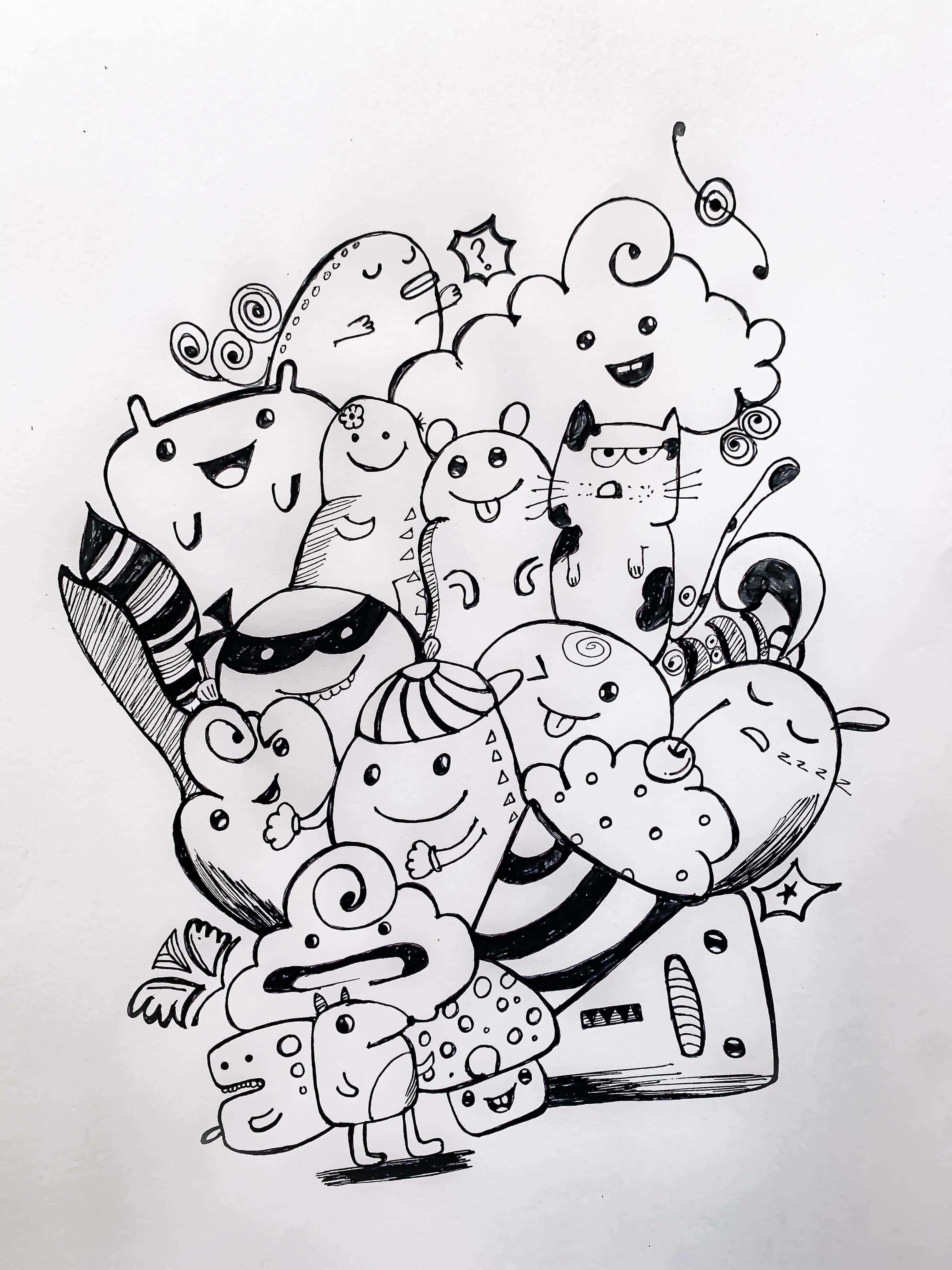 Black And White Drawings 桌布 壁紙 — 一幅俏皮的黑白塗鴉，描繪了異想天開的卡通角色，包括貓咪、雲朵和表情誇張的怪物。