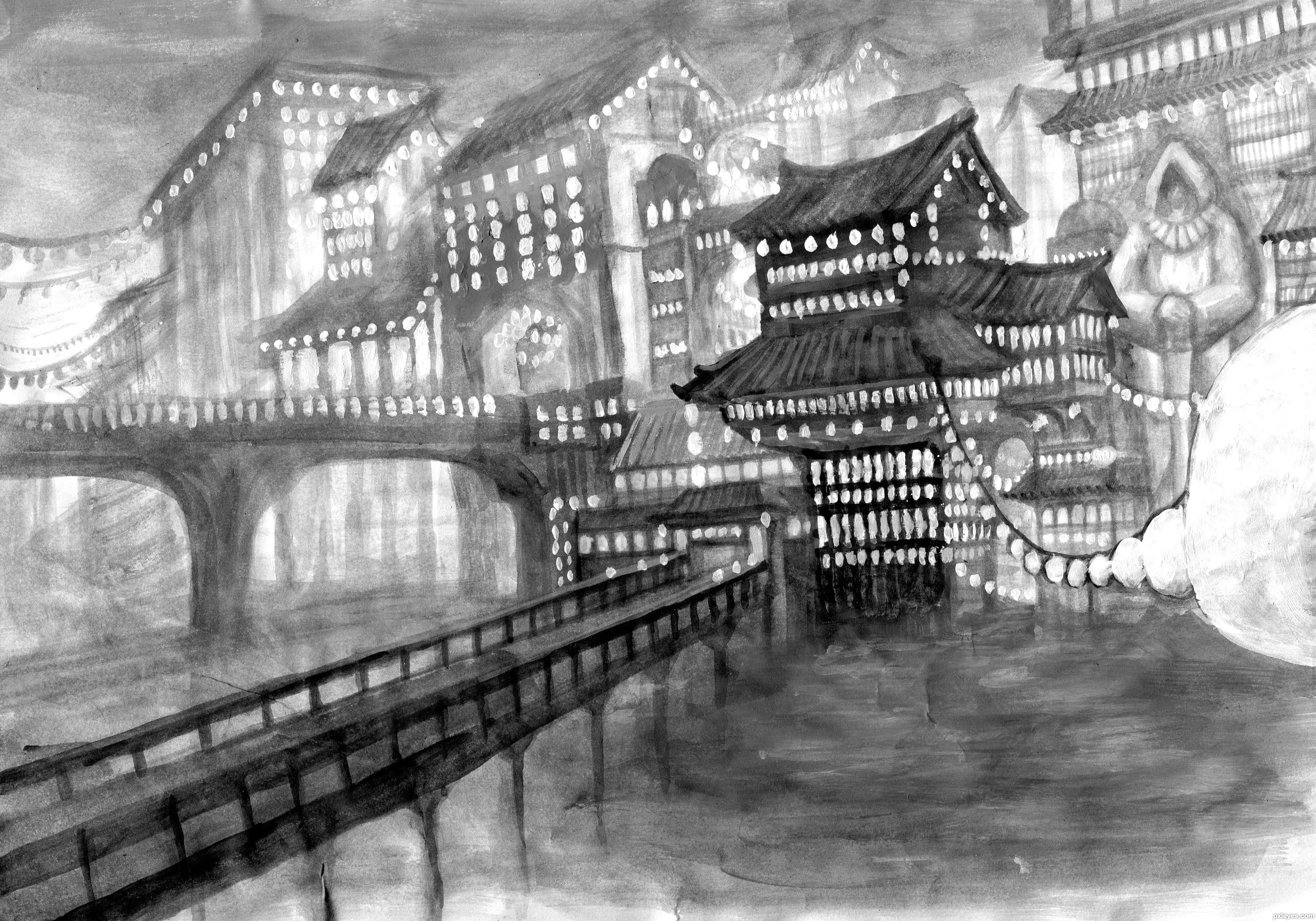Black And White Drawing 桌布 壁紙 — 一幅傳統日本小鎮的單色水墨畫，橋樑和建築物上閃爍的燈籠倒映在水中。