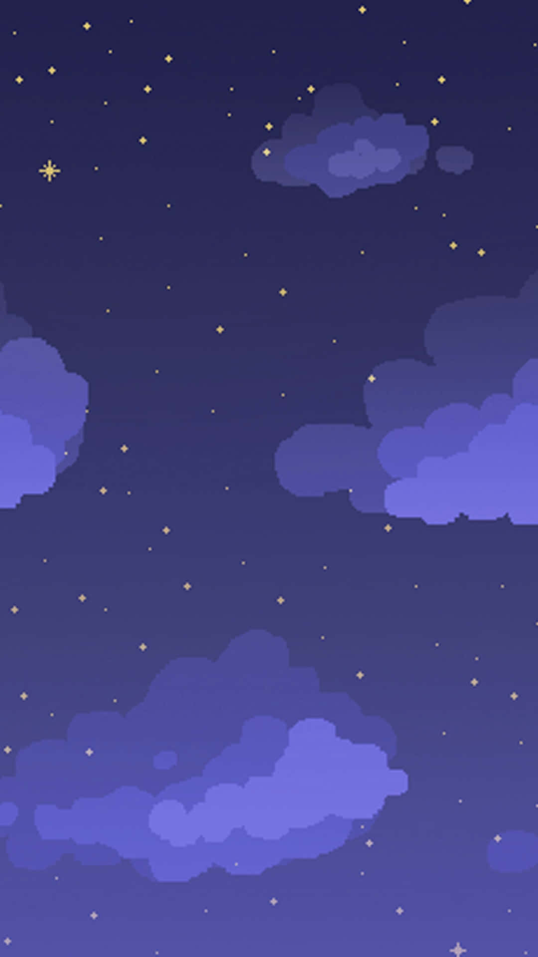 美學手機GIF 桌布 壁紙 — 一幅像素藝術風格的夜空，柔和的紫色雲朵在繁星點點的深藍色天幕下飄動。