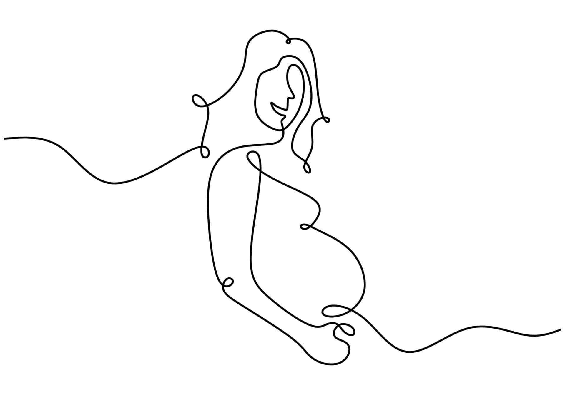 pregnancy 桌布 壁紙 — 一幅優雅的單線繪畫，描繪一位微笑的孕婦，以流暢的曲線呈現，背景為純白色。