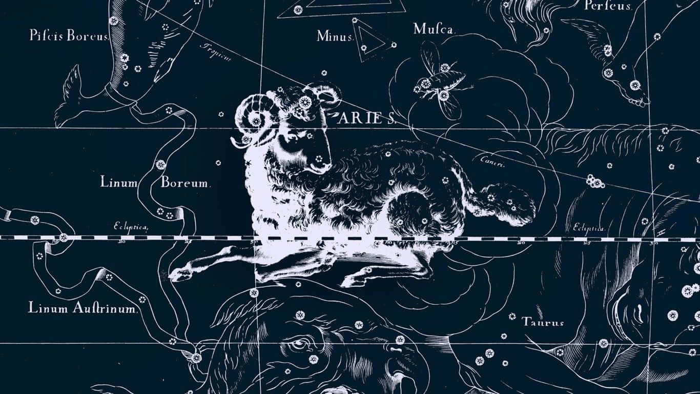 zodiac 桌布 壁紙 — 一幅優雅的復古星圖插圖，以白色線條藝術在深藍色背景上描繪白羊座Aries。